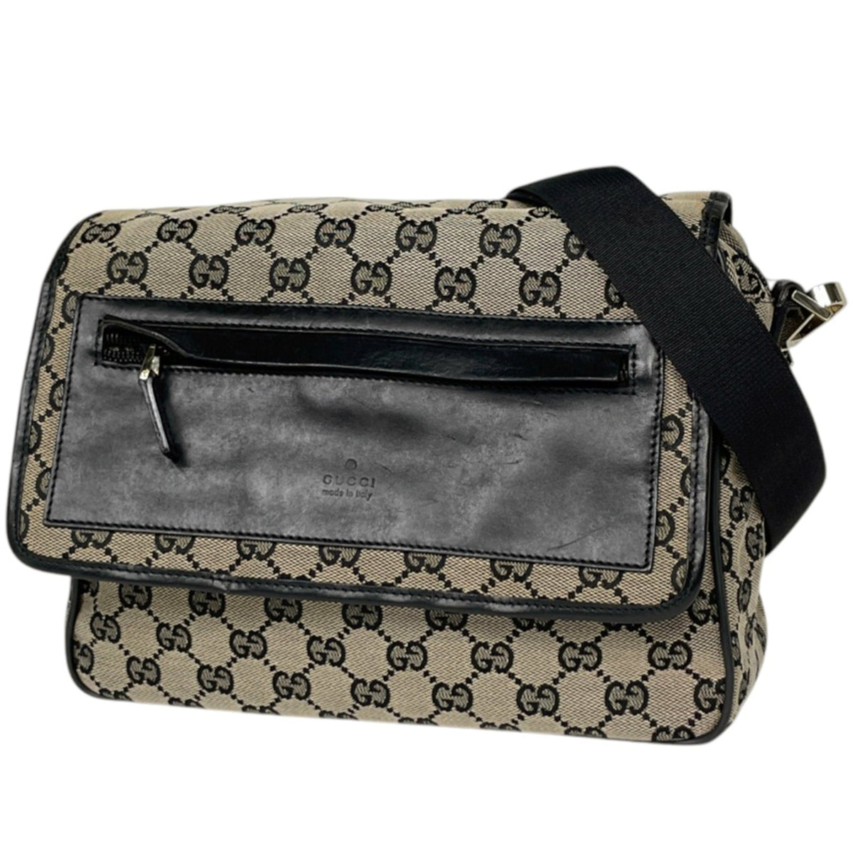 Gucci Beige Black Gg Canvas Leather Shoulder Bag (Pre-Owned)