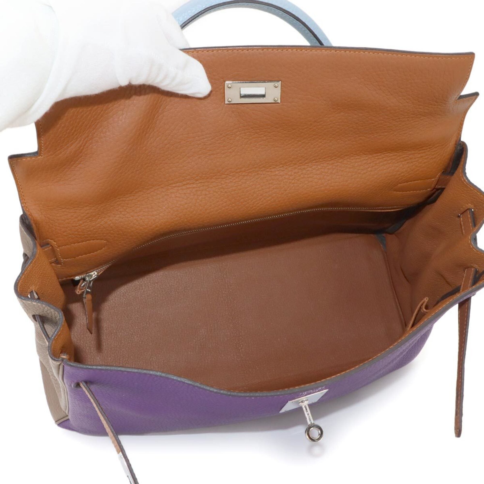 Hermes Blue Lin Blue Obscurs Brown Etain Etoupe Gray Taurillon Clemence Leather Handbag (Pre-Owned)