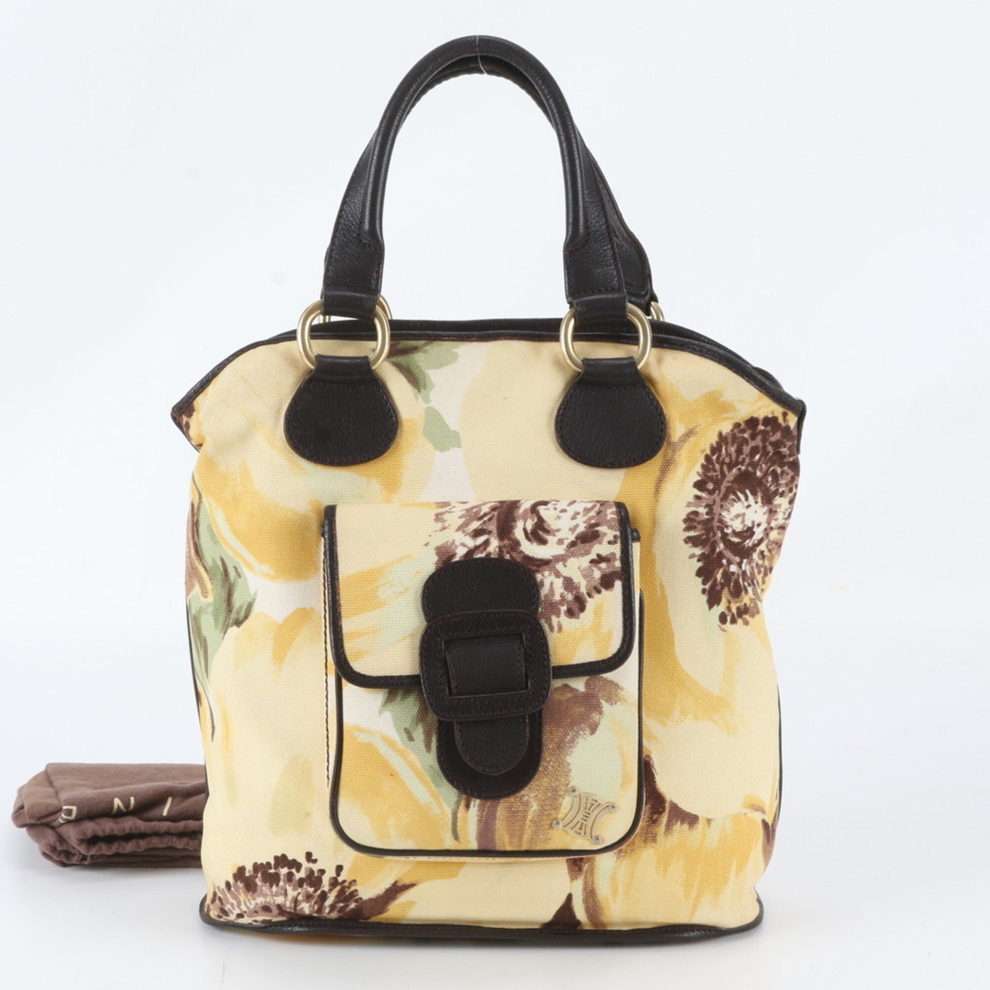Celine Brown Yellow Leather Canvas Handbag Shoulder Bag Tote Bag (Pre-Owned)