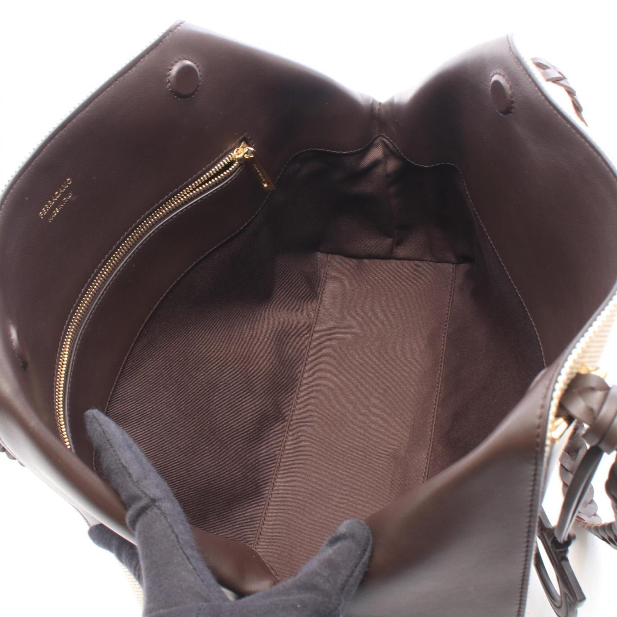 Salvatore Ferragamo Beige Brown Canvas Leather Handbag Tote Bag (Pre-Owned)