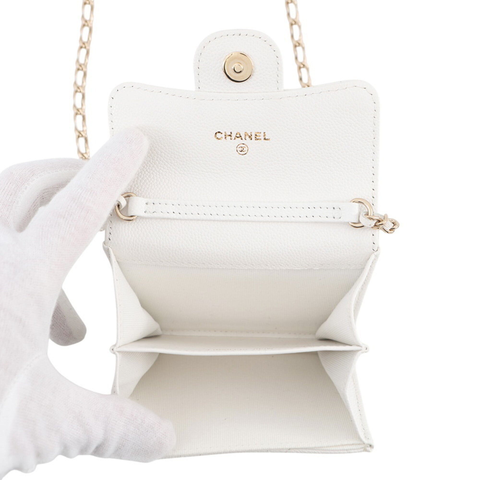 Chanel Champagne Gold White Grained Calfskin Chain/Shoulder Wallet (Pre-Owned)