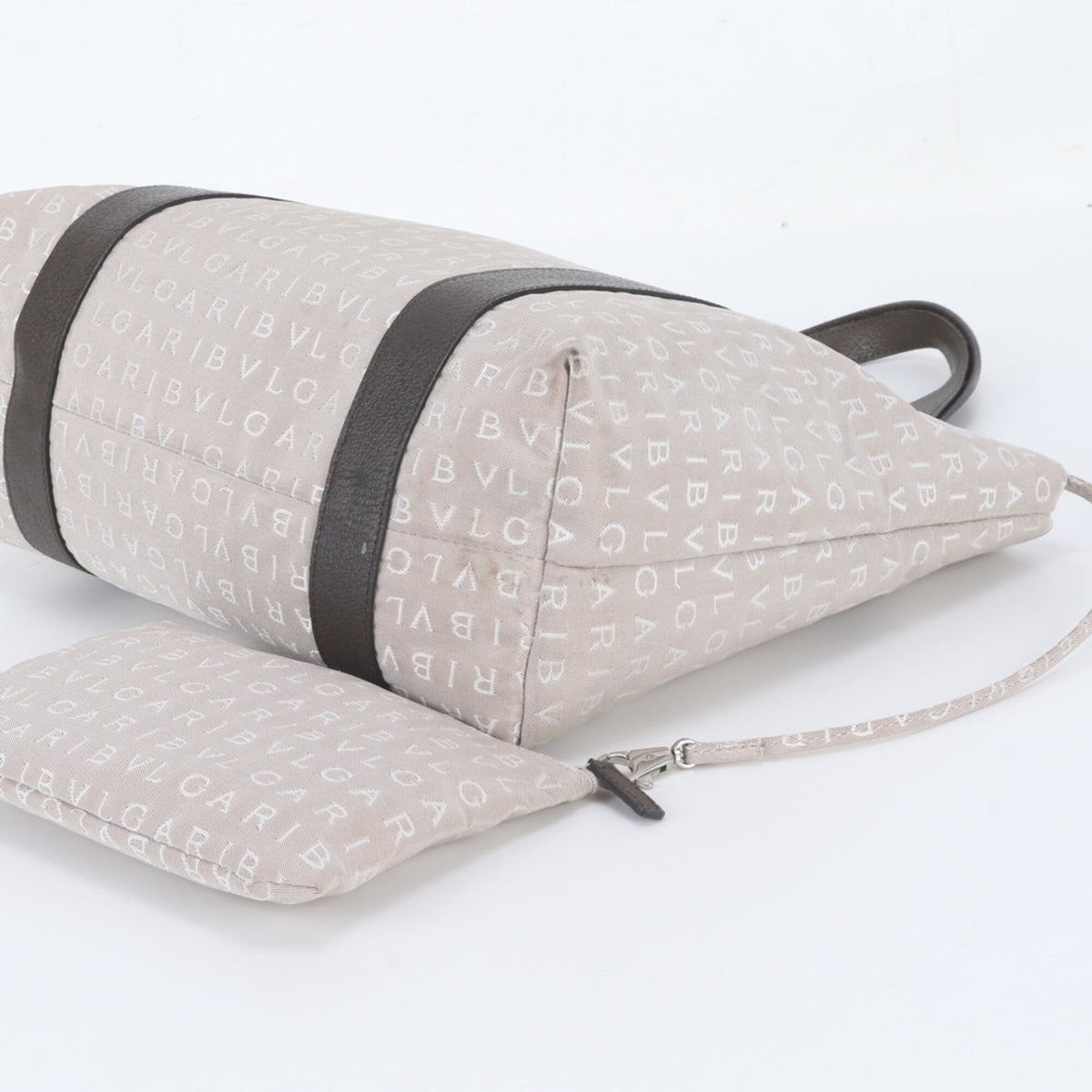 Bvlgari Beige Leather Canvas Handbag Pouch Shoulder Bag Tote Bag (Pre-Owned)