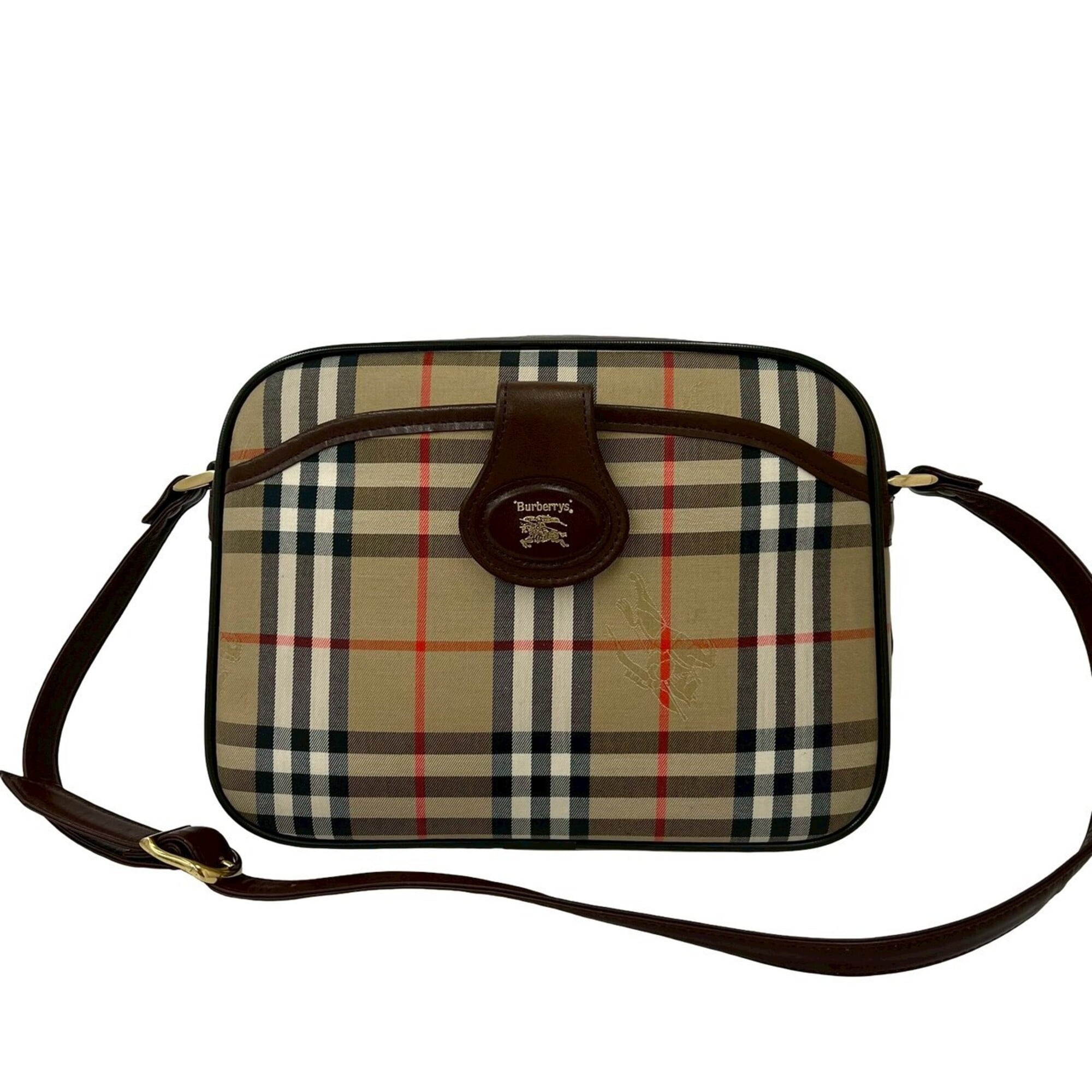 Burberry Beige Black Brown Red Color White Canvas Leather Shoulder Bag (Pre-Owned)