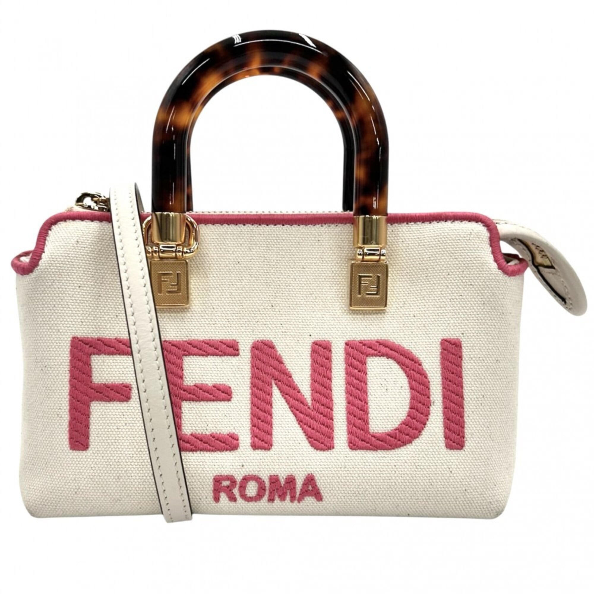 Fendi Ivory Pink Canvas Leather Handbag Shoulder Bag (Pre-Owned)