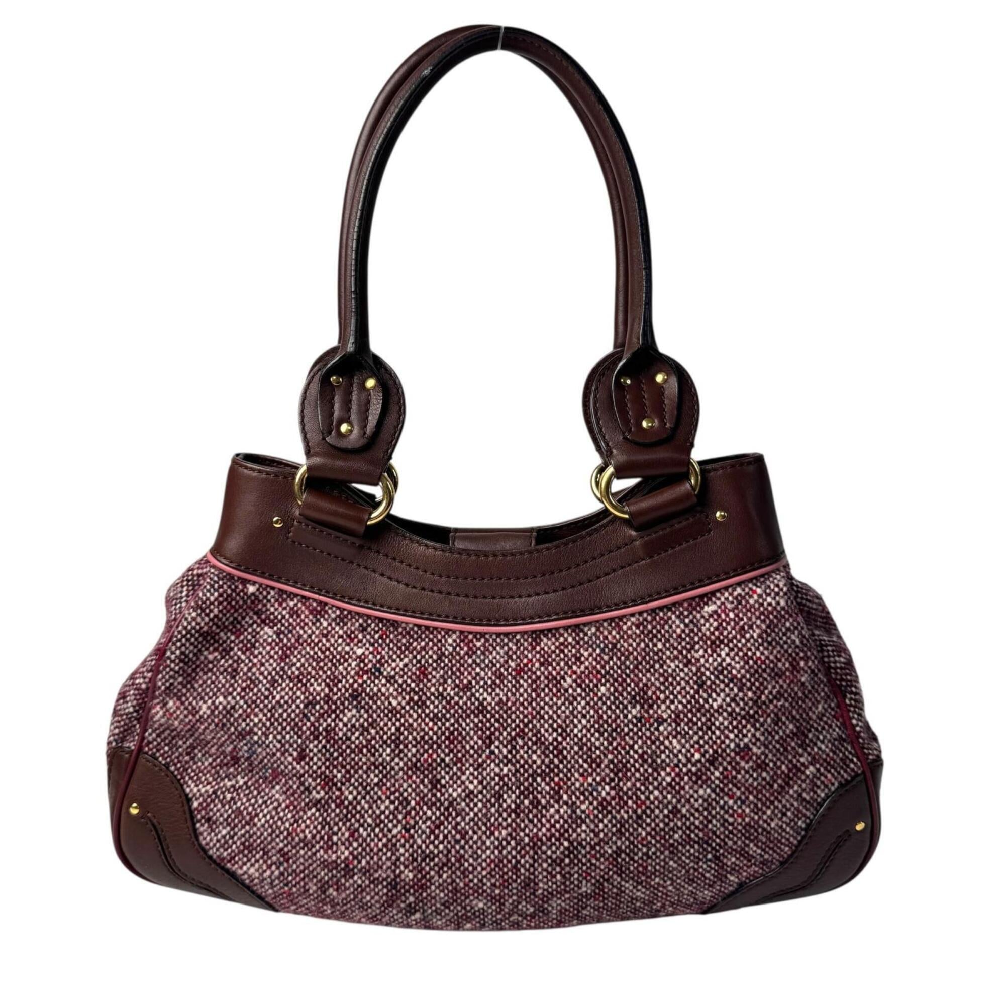 Celine Bordeaux Brown Pink Tweed Leather Handbag (Pre-Owned)