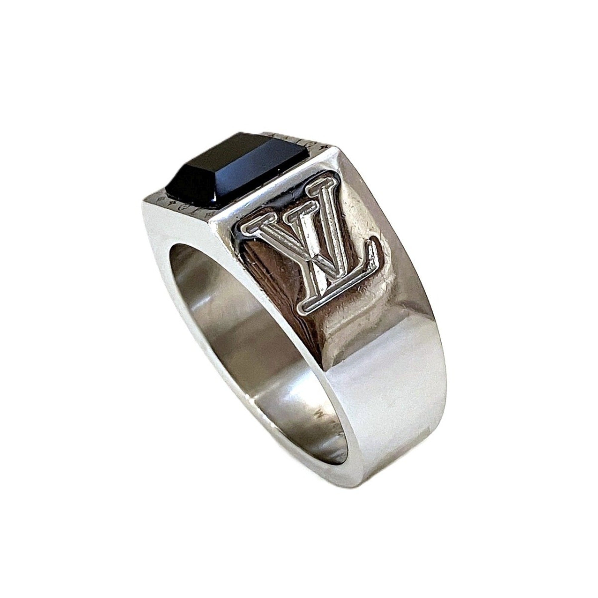 Louis Vuitton Silver Black Monogram Band Ring (Pre-Owned)
