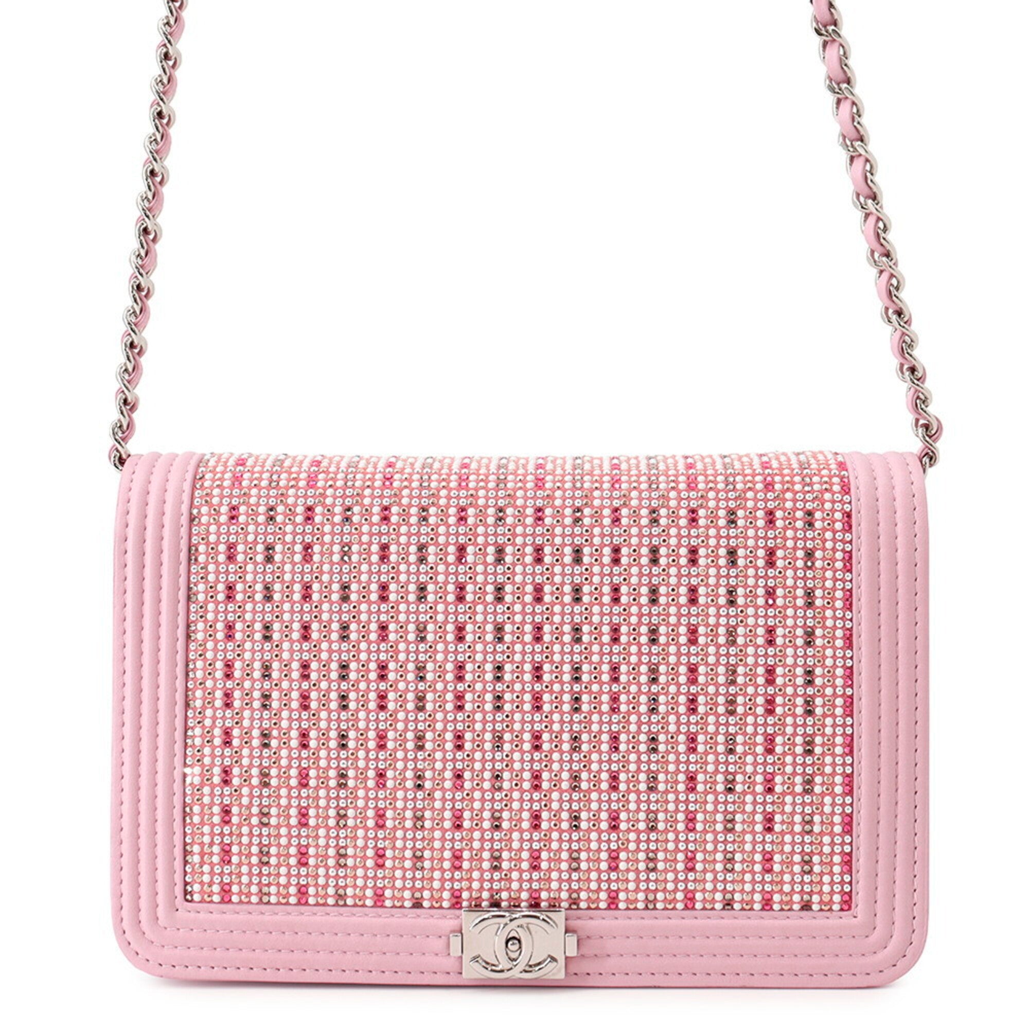 Chanel Pink Leather Rhinestone Chain/Shoulder Wallet (Pre-Owned)