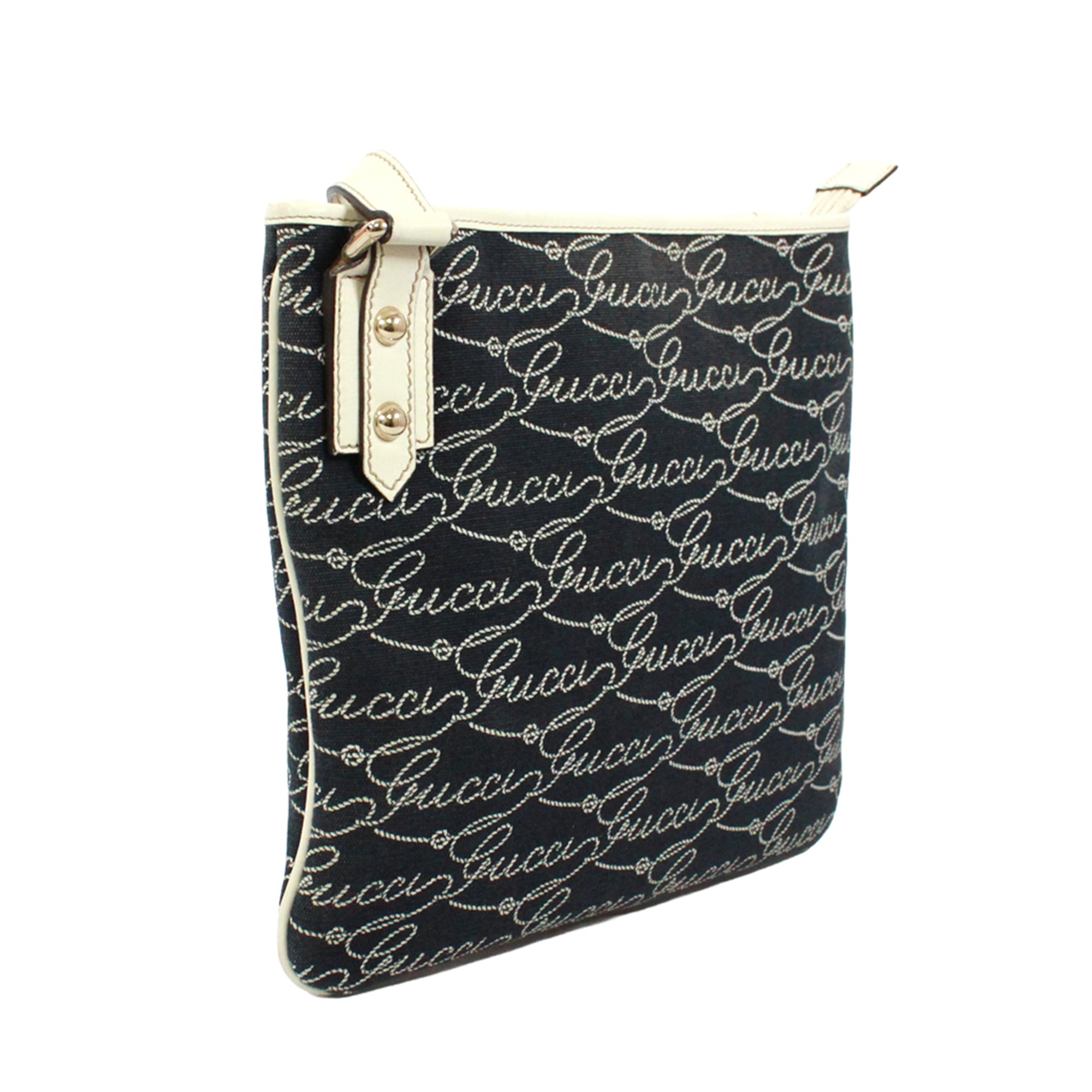 Gucci Navy White Canvas Leather Shoulder Bag (Pre-Owned)