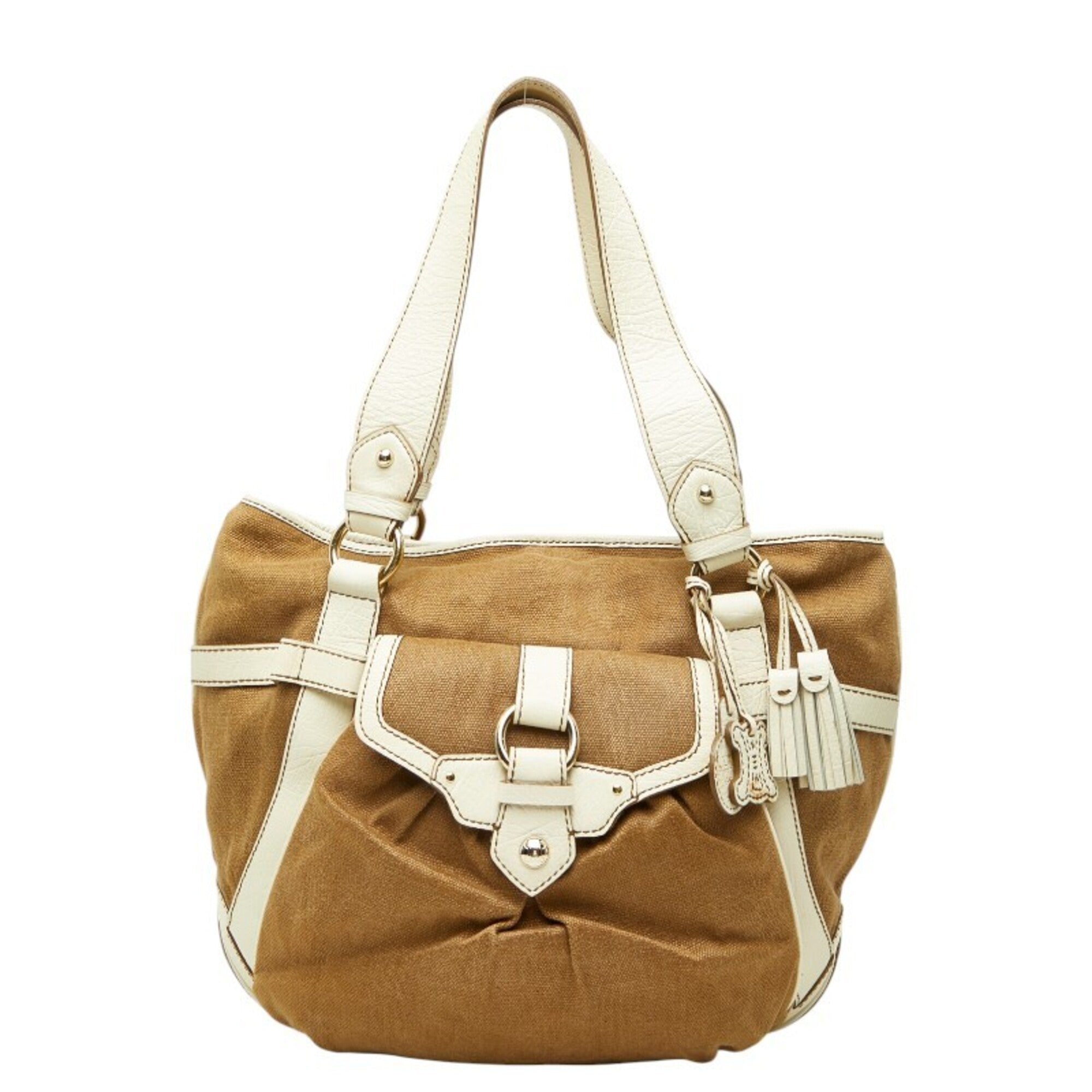 Celine Brown White Canvas Leather Handbag Shoulder Bag (Pre-Owned)