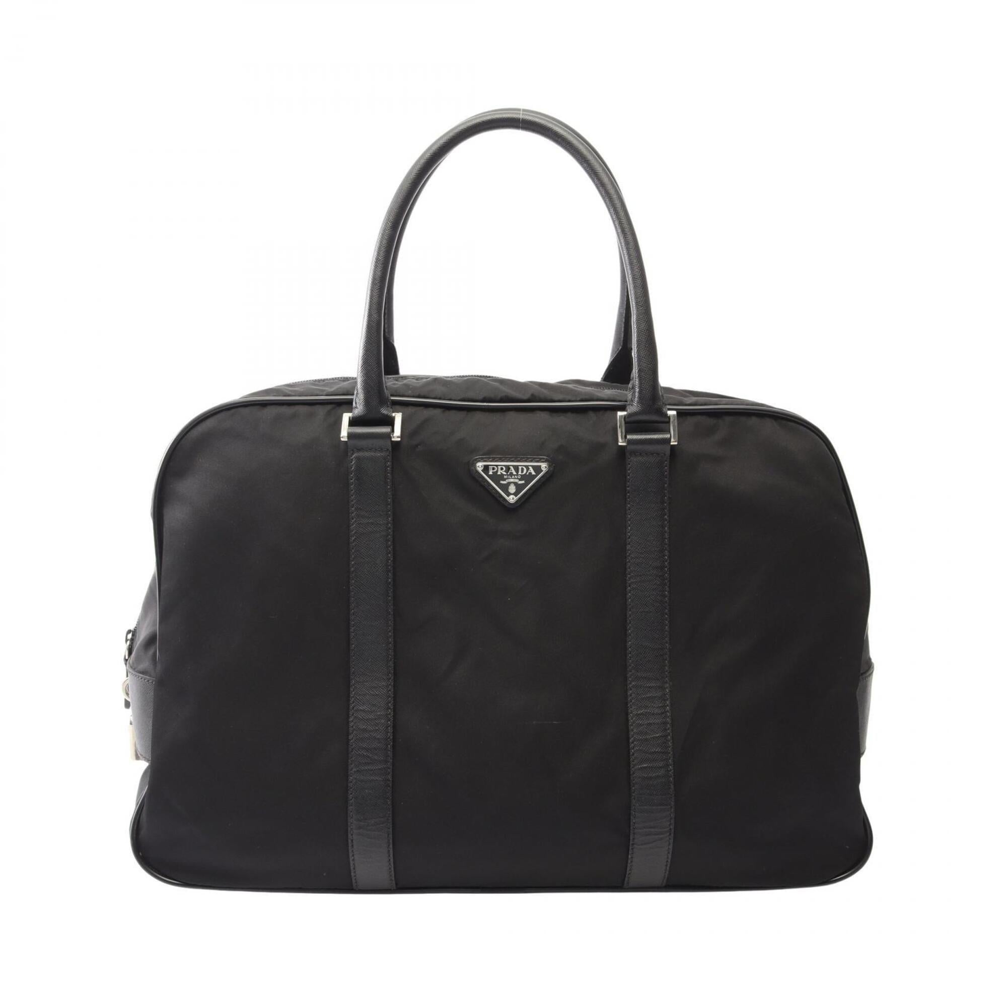 Prada Black Nylon Saffiano Triangle Boston Bag Handbag (Pre-Owned)