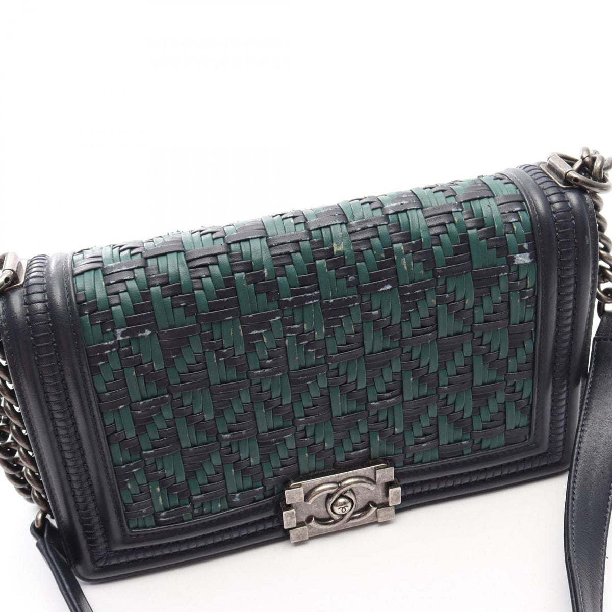 Chanel Green Navy Leather Handbag Shoulder Bag (Pre-Owned)