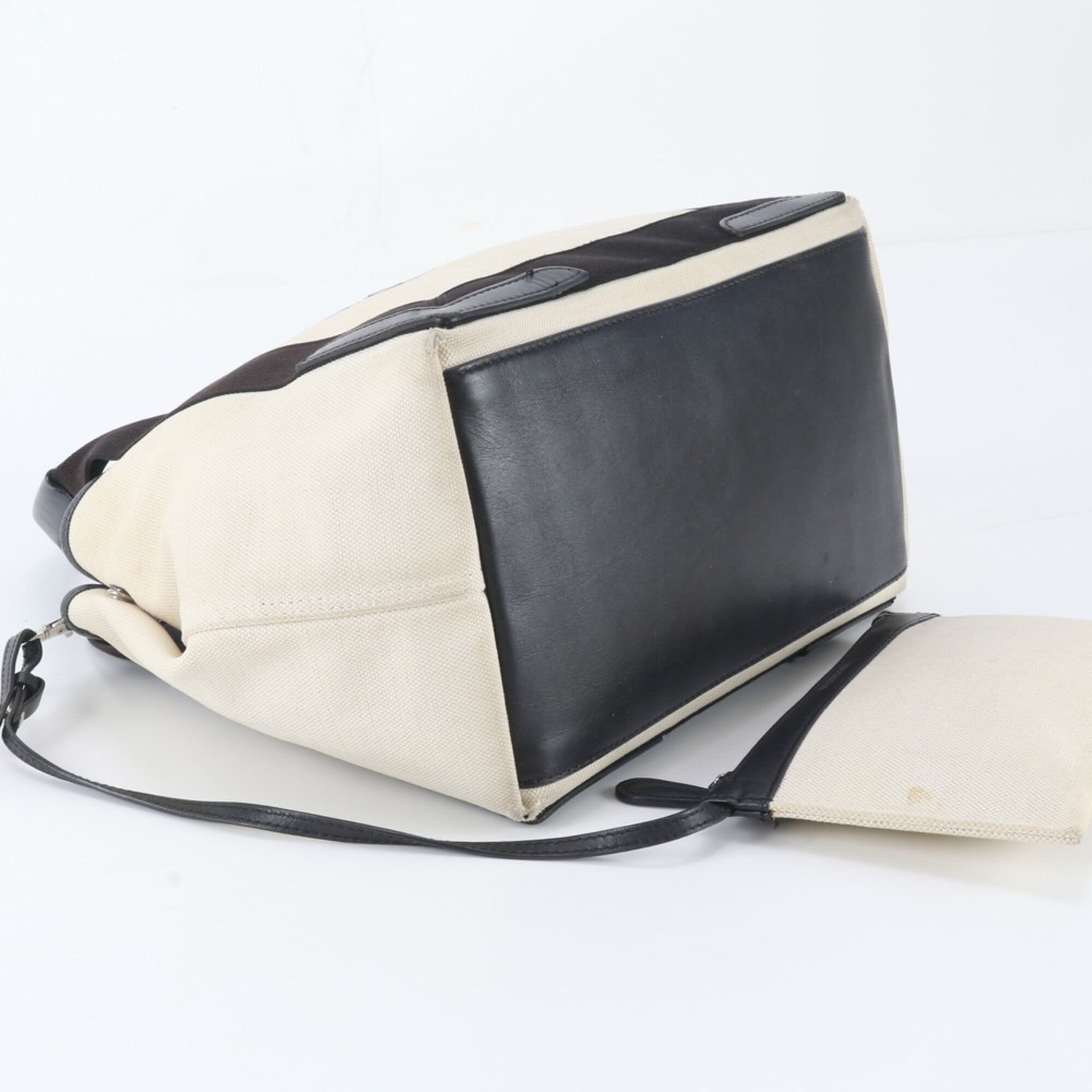 Balenciaga Beige Black Canvas Leather Handbag Pouch Tote Bag (Pre-Owned)