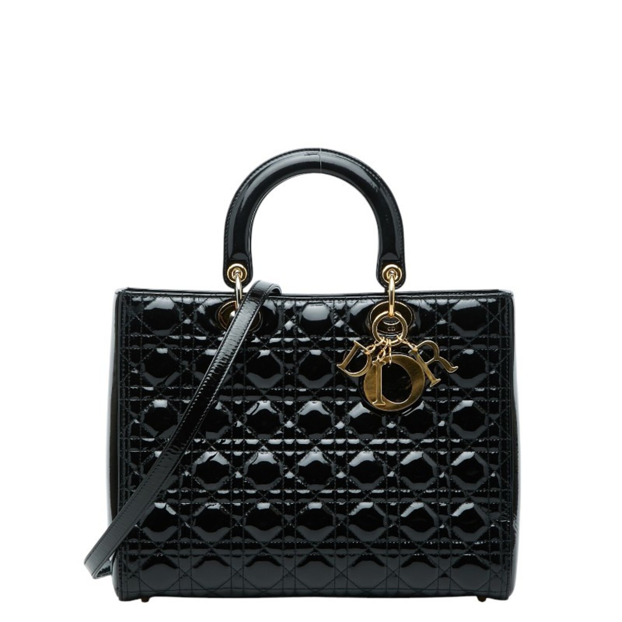 Christian Dior Lady Dior Black Patent Leather Handbag Shoulder Bag (Pre-Owned)