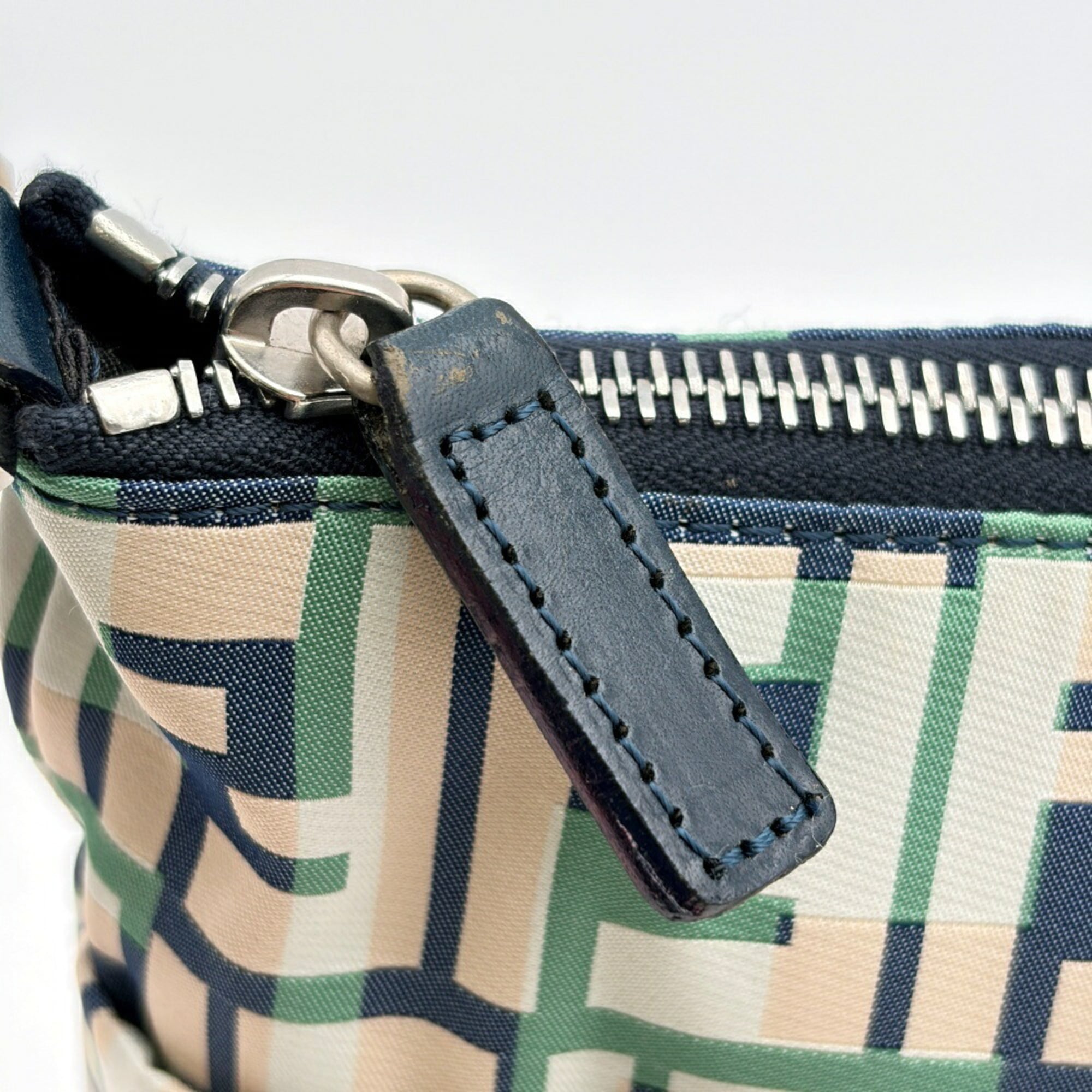 Fendi Beige Green Ivory Navy Zucca Nylon Canvas Leather Shoulder Bag (Pre-Owned)