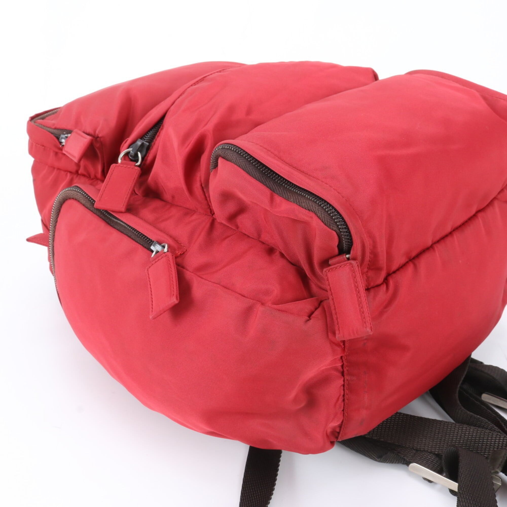 Prada Brown Red Color Nylon Leather Backpack Handbag (Pre-Owned)