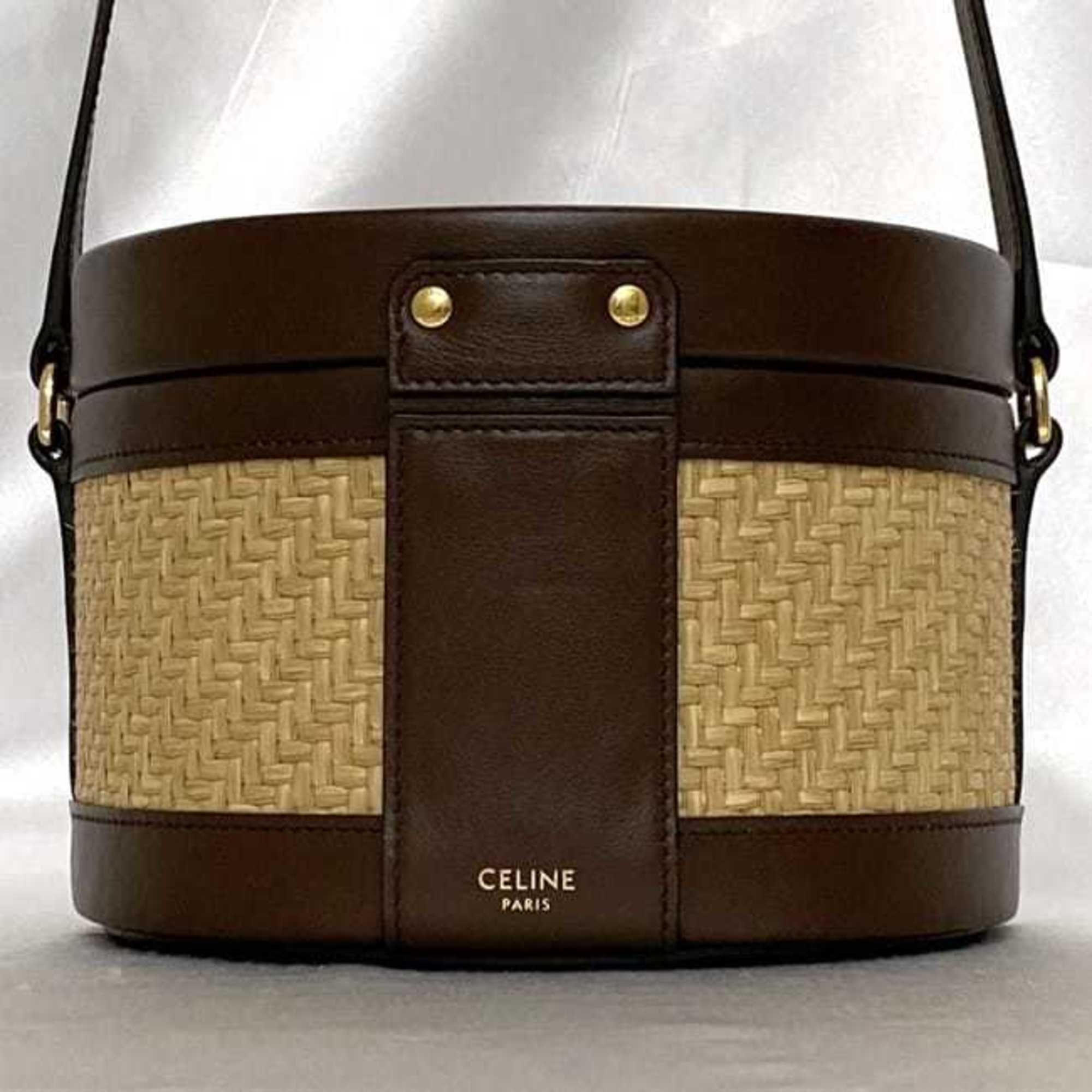 Celine Beige Brown Straw Leather Shoulder Bag (Pre-Owned)