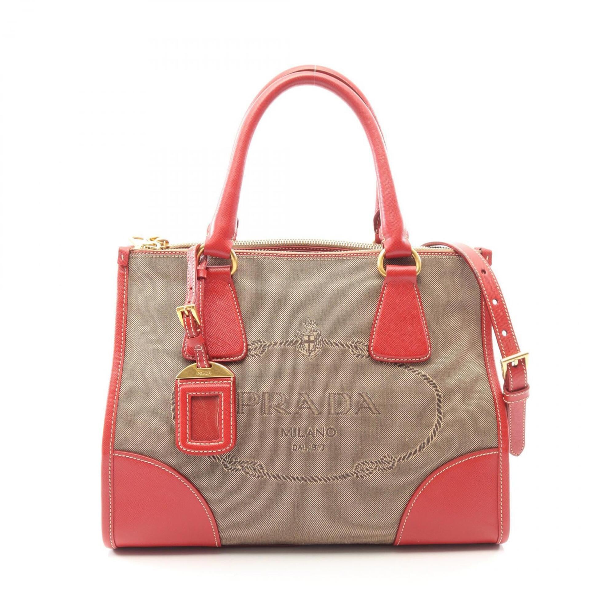 Prada Beige Red Color Canvas Leather Handbag (Pre-Owned)