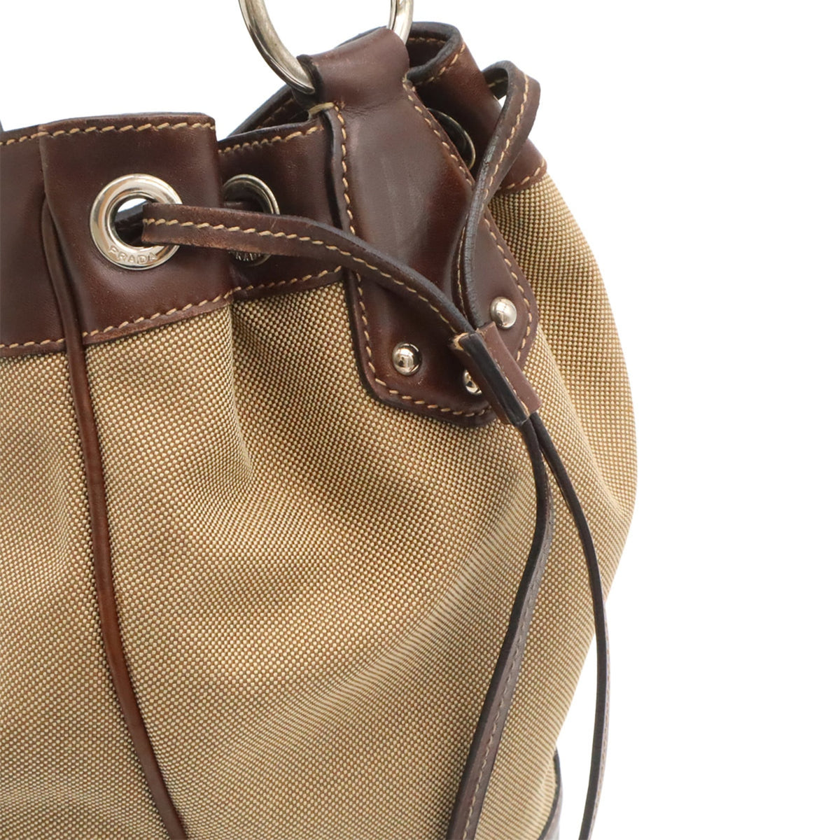 Prada Beige Dark Brown Khaki Canvas Leather Shoulder Bag (Pre-Owned)