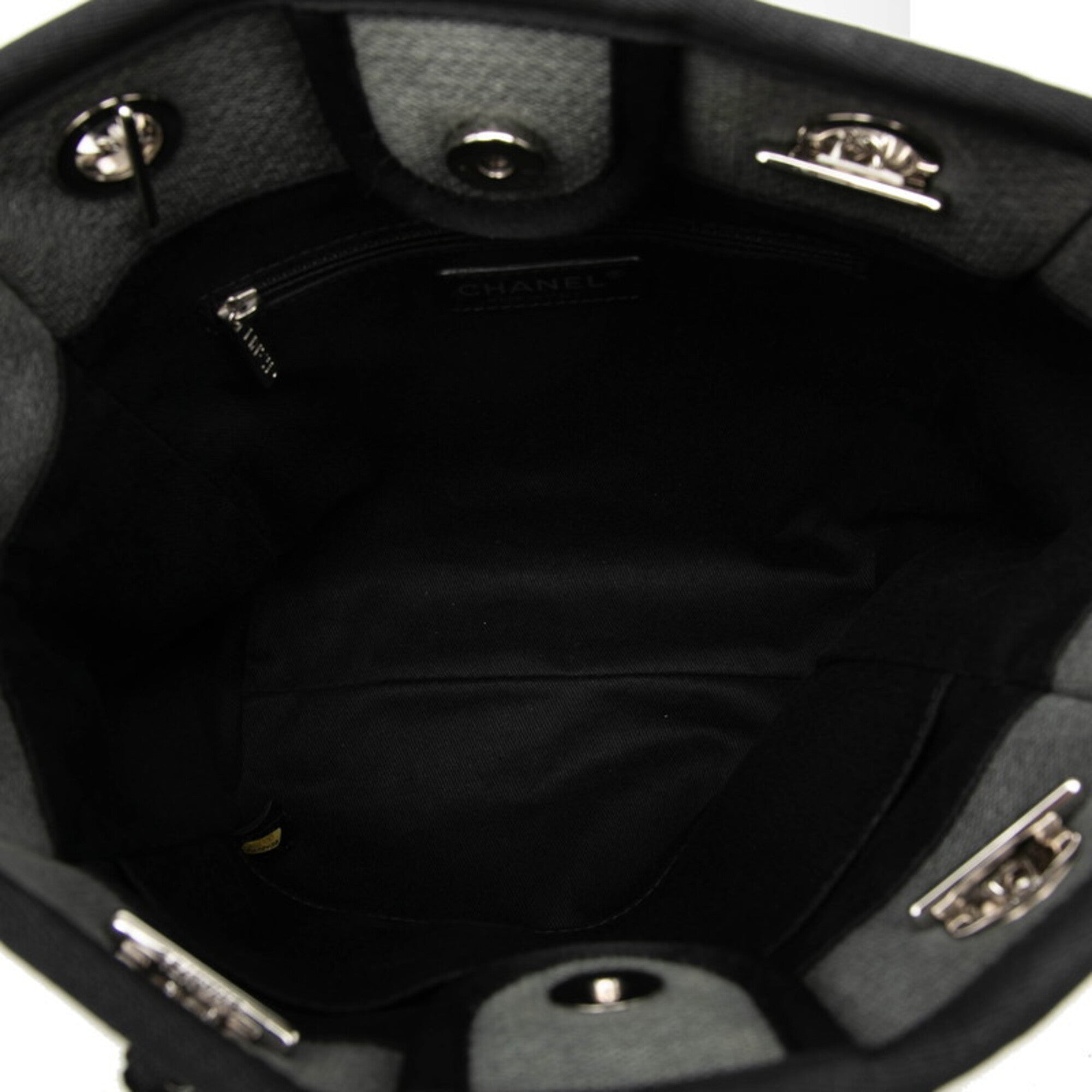 Chanel Black Gray Canvas Leather Shoulder Bag Tote Bag (Pre-Owned)