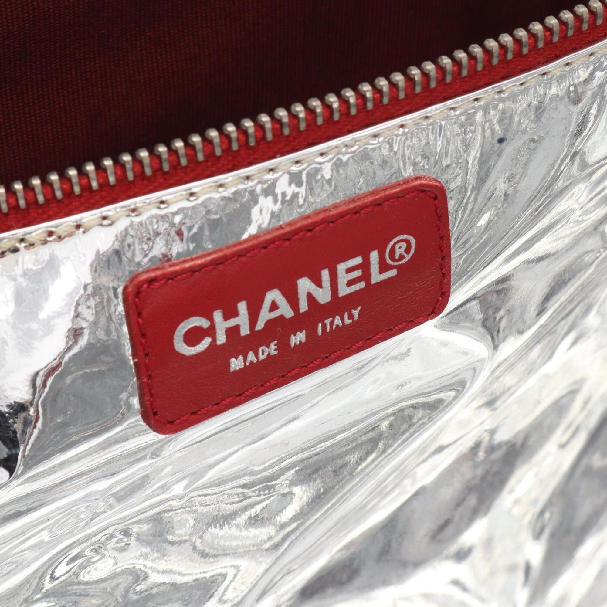 Chanel Navy Red Color Silver Canvas Leather Handbag Tote Bag (Pre-Owned)