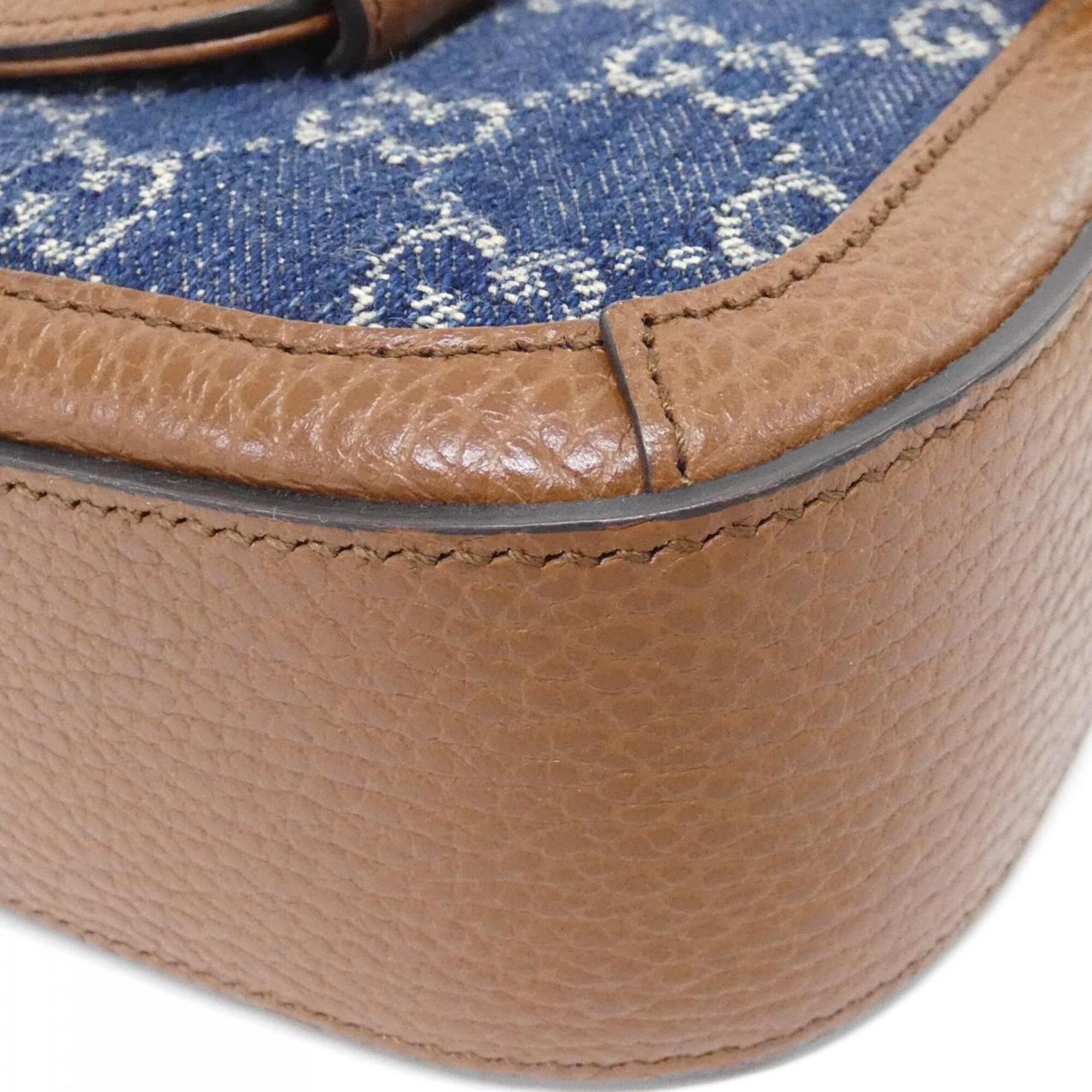 Gucci Dark Blue Ivory Jacquard Denim Leather Shoulder Bag (Pre-Owned)