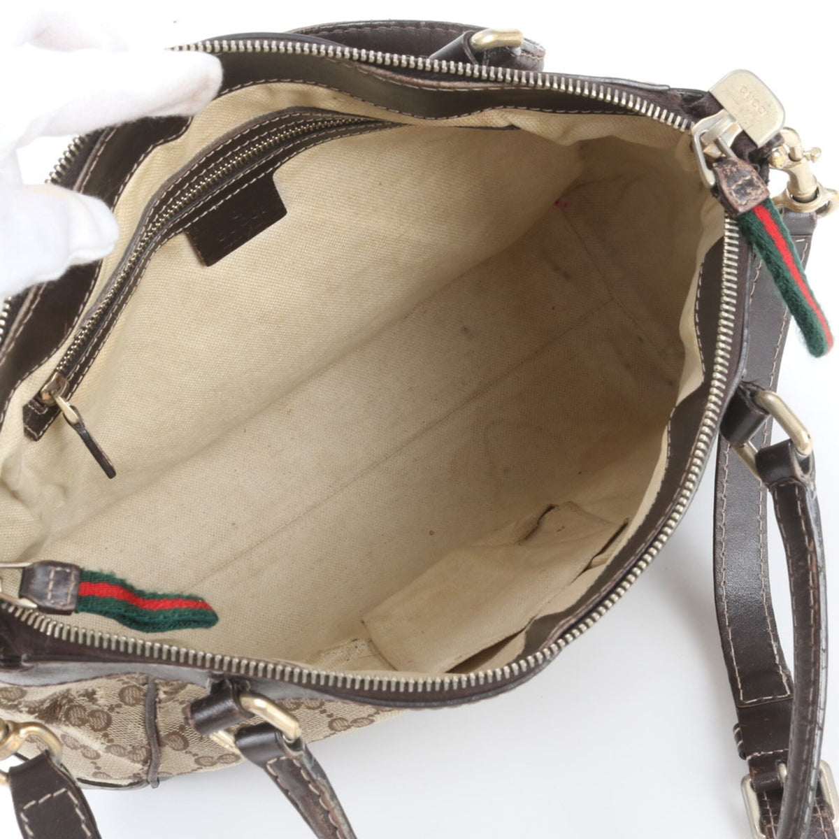 Gucci Beige Brown Leather Canvas Handbag Shoulder Bag Tote Bag (Pre-Owned)