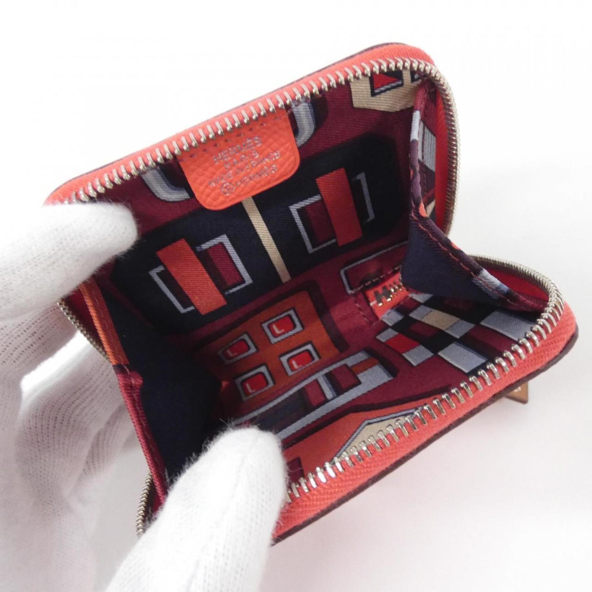 Hermes Pink Orange Rose Jaipur Rouge Grenat Epsom Leather Silk Coin Purse/Coin Case (Pre-Owned)