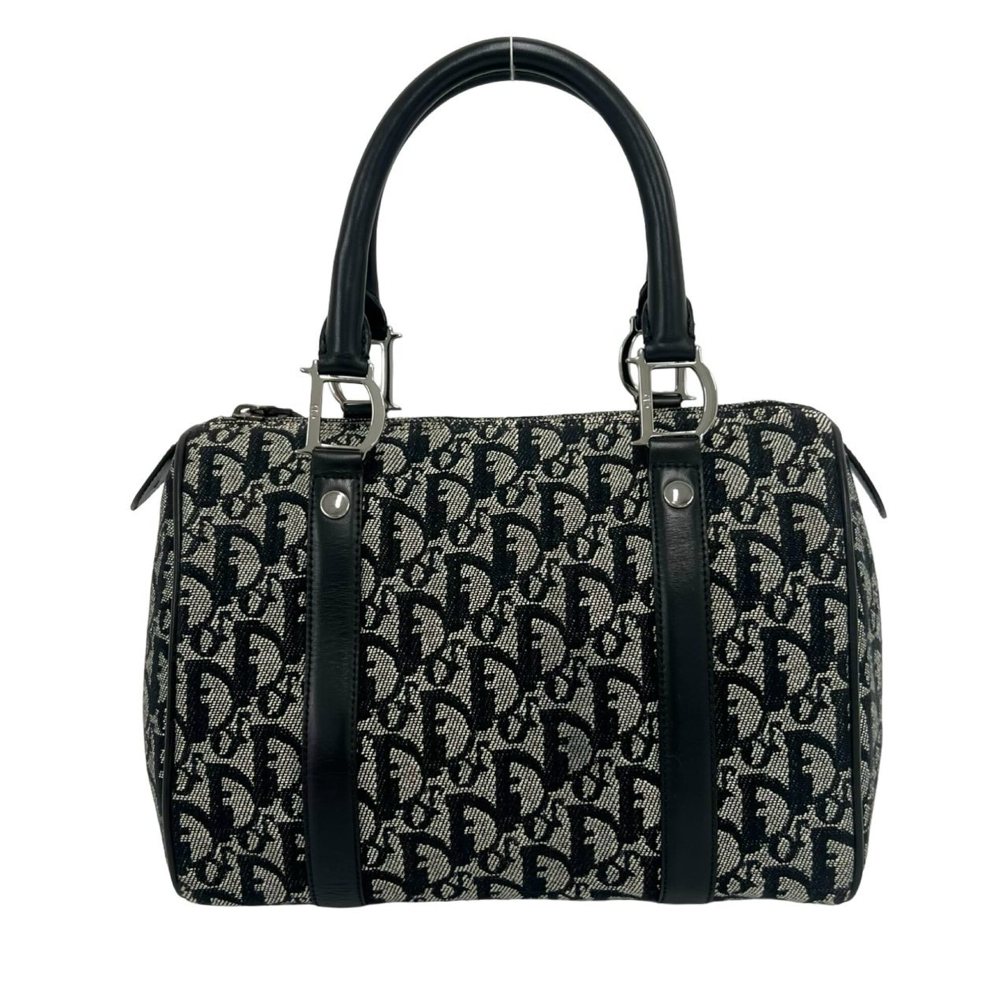 Christian Dior Black Navy Canvas Leather Boston Bag Handbag (Pre-Owned)