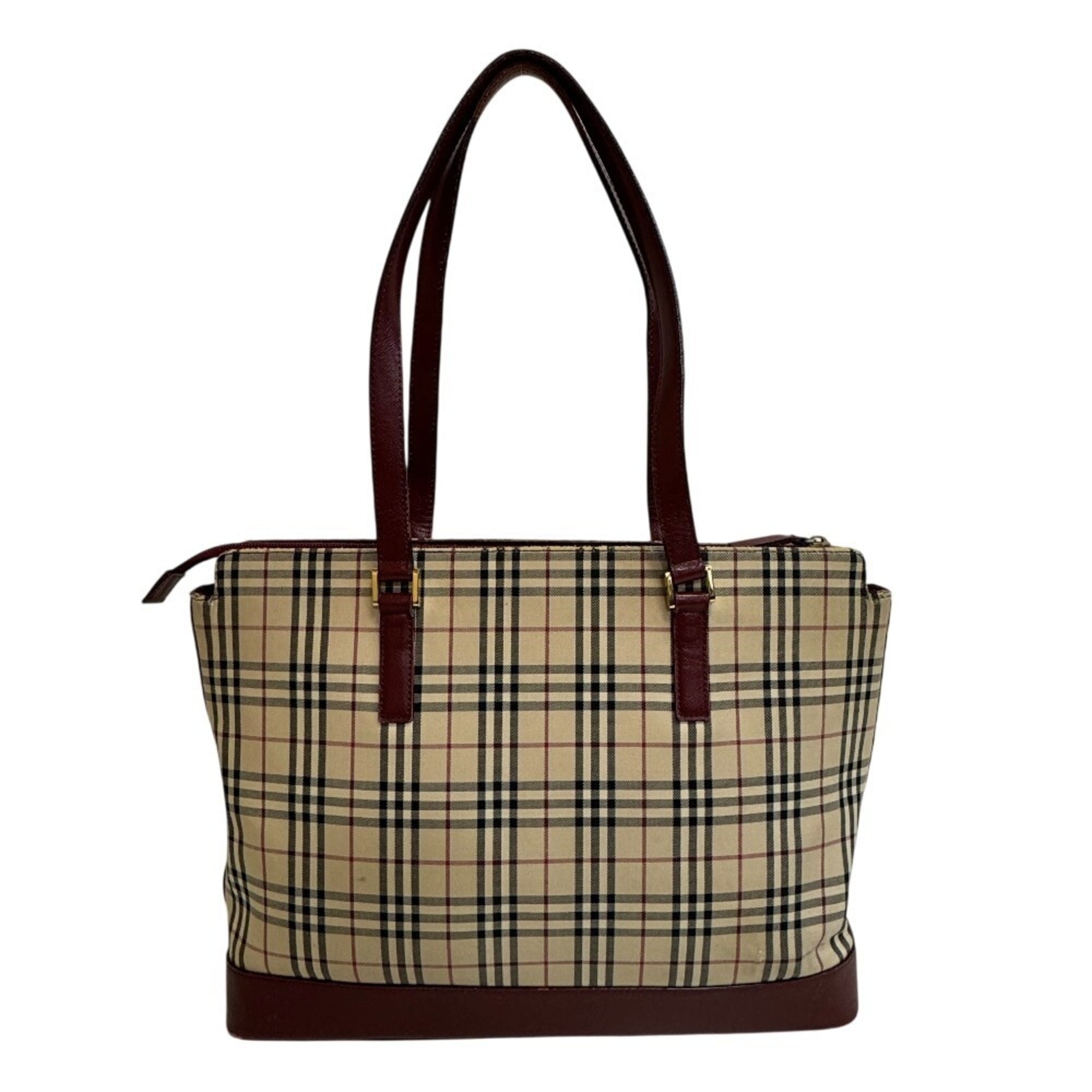 Burberry Beige Bordeaux Canvas Leather Shoulder Bag Tote Bag (Pre-Owned)