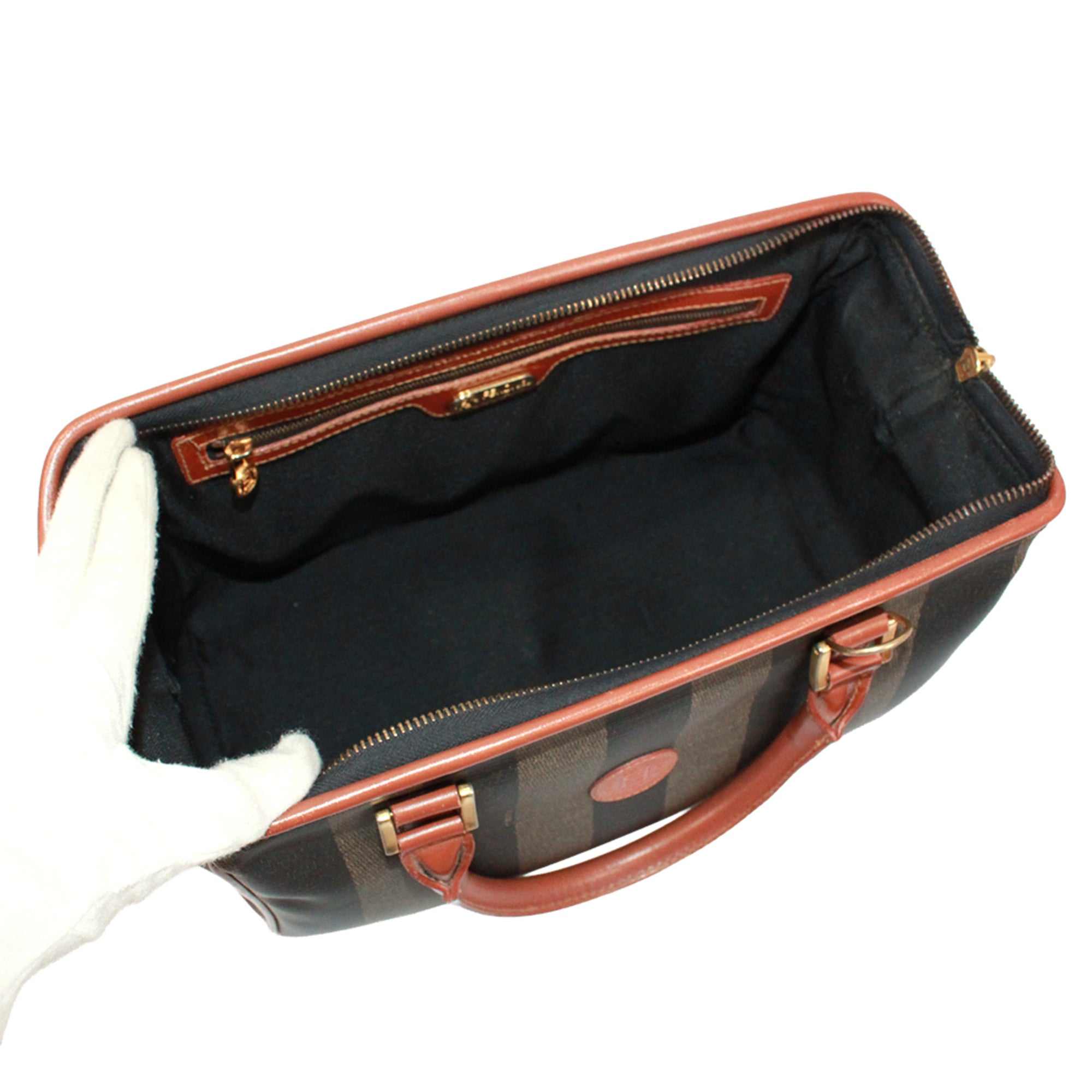 Fendi Black Brown Khaki Pvc Leather Boston Bag Handbag (Pre-Owned)