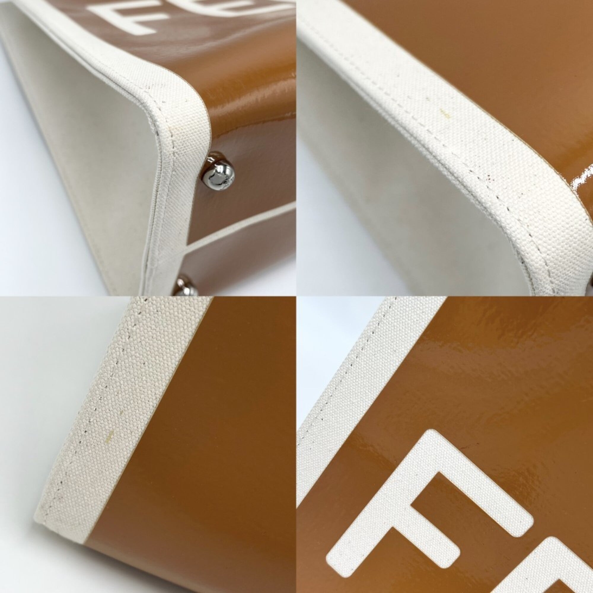 Fendi Brown Ivory Canvas Patent Leather Handbag Shoulder Bag Tote Bag (Pre-Owned)
