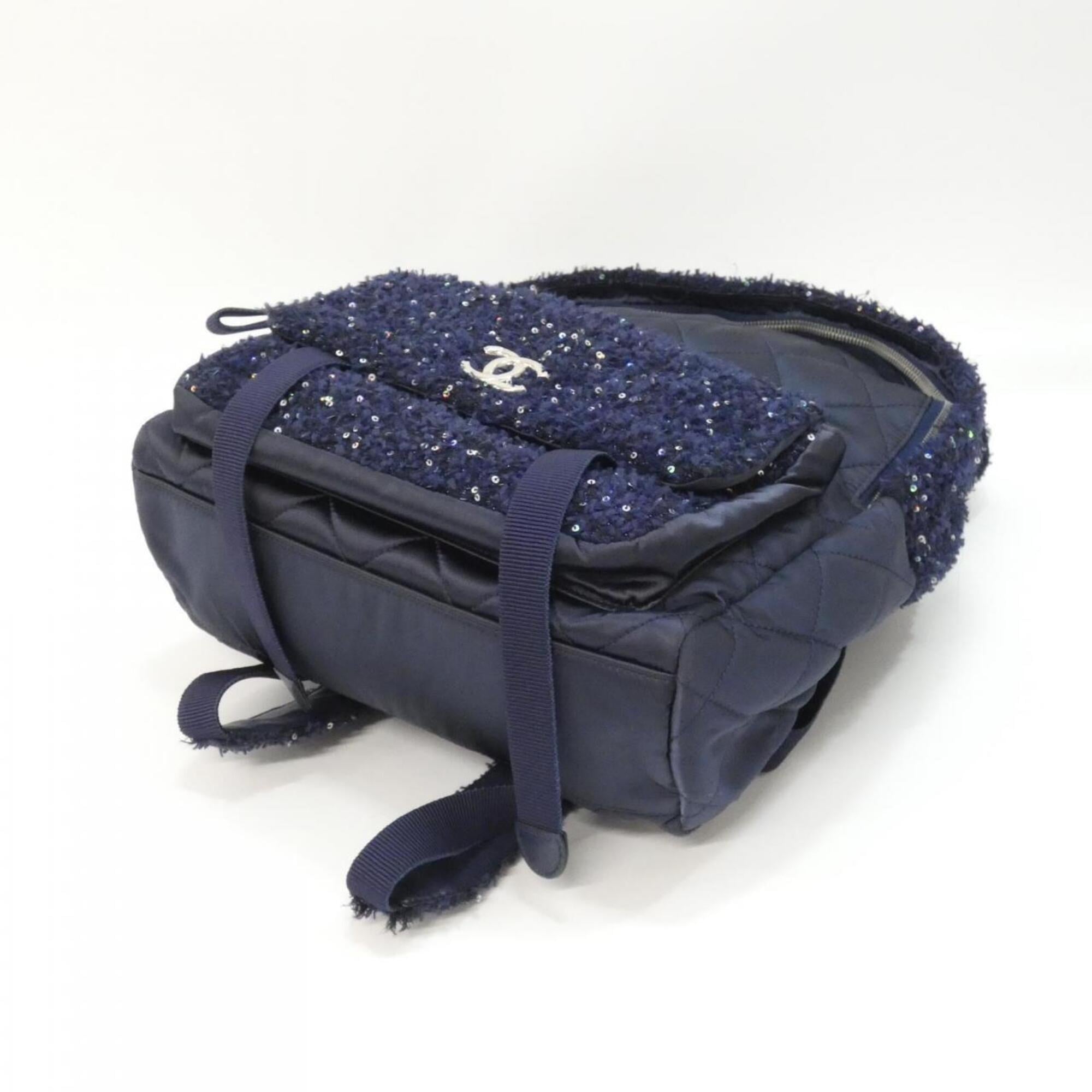 Chanel Navy Tweed Spandex Nylon Leather Backpack (Pre-Owned)