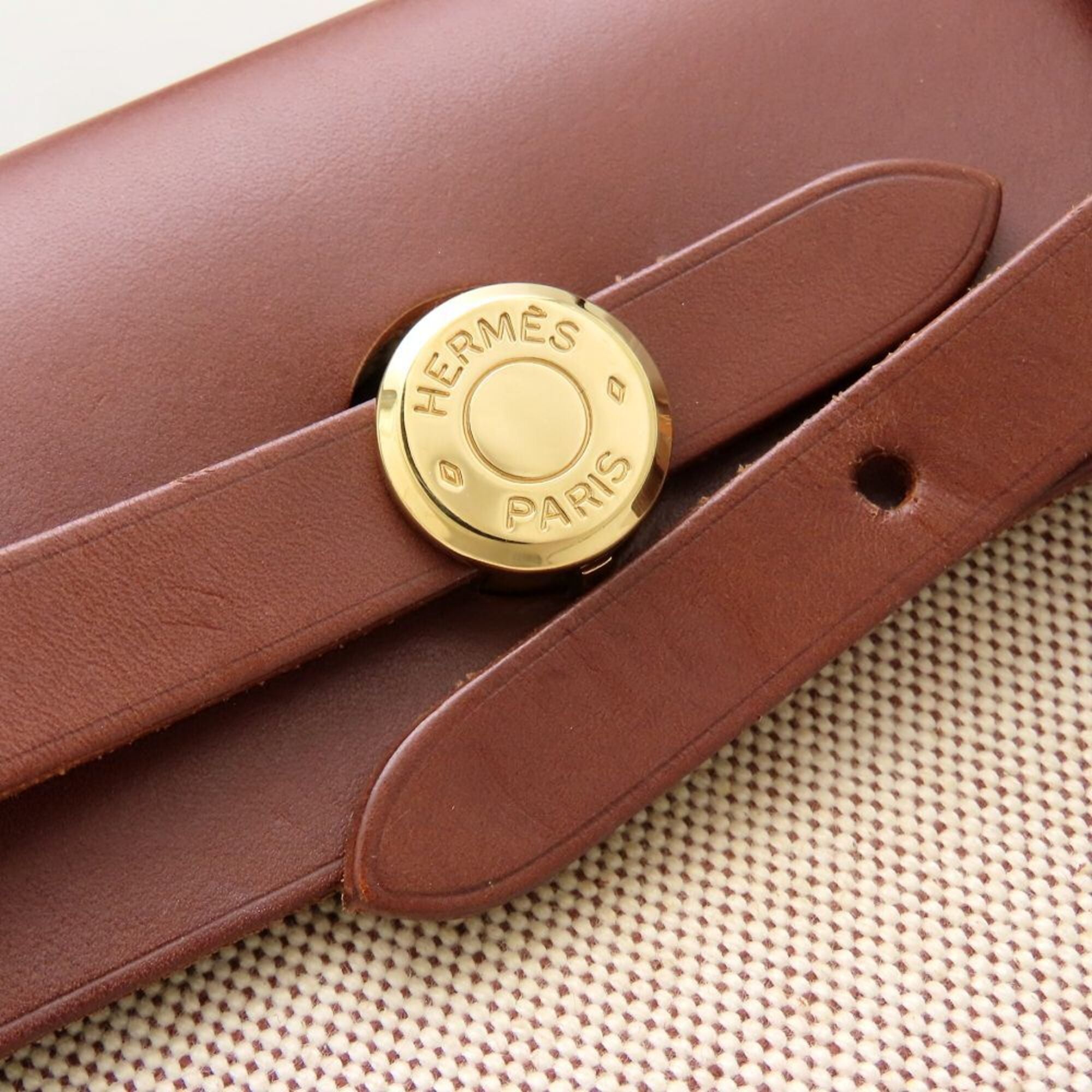 Hermes Her Bag Beige Brown Toile Officier Leather Shoulder Bag (Pre-Owned)