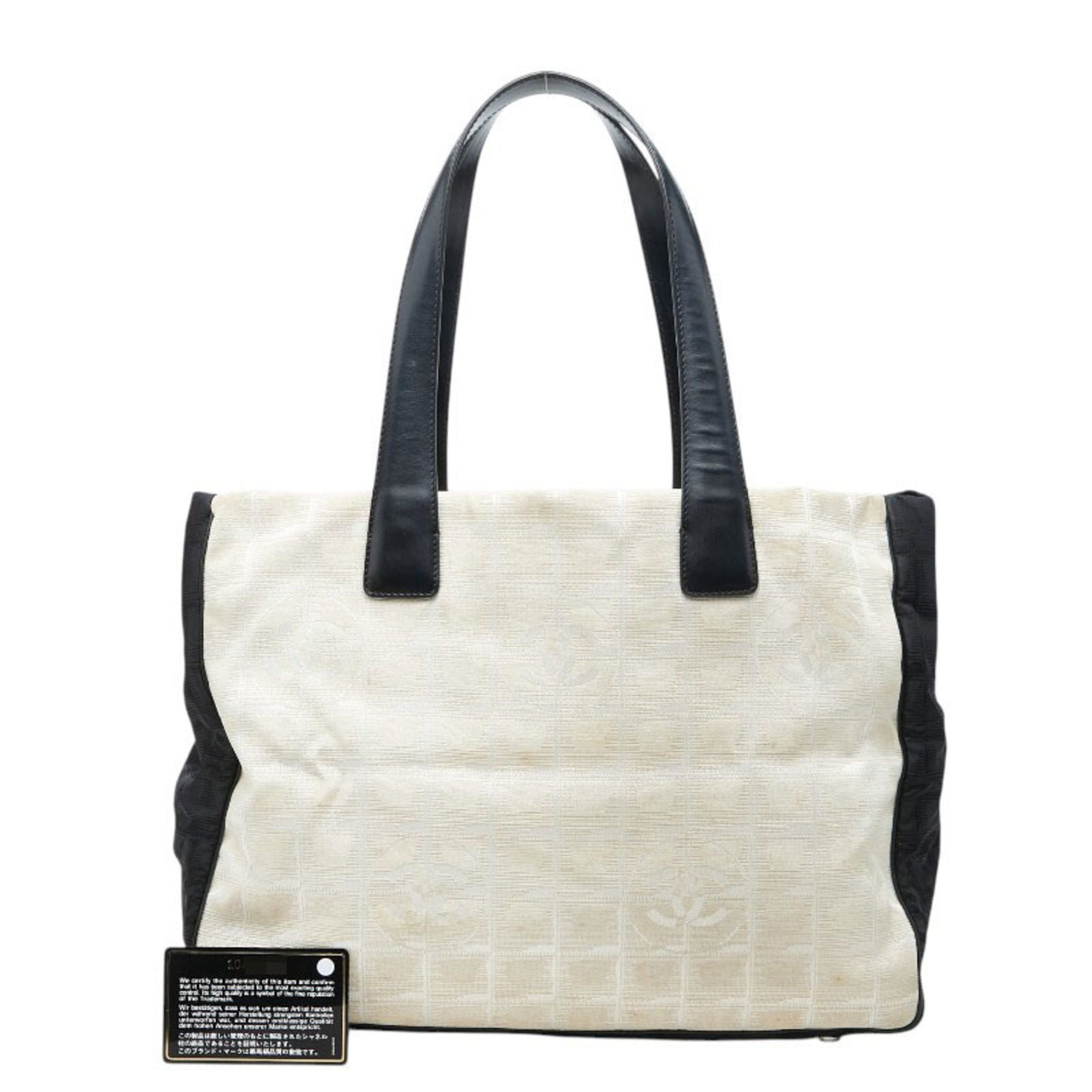 Chanel Beige Black Nylon Leather Handbag Tote Bag (Pre-Owned)