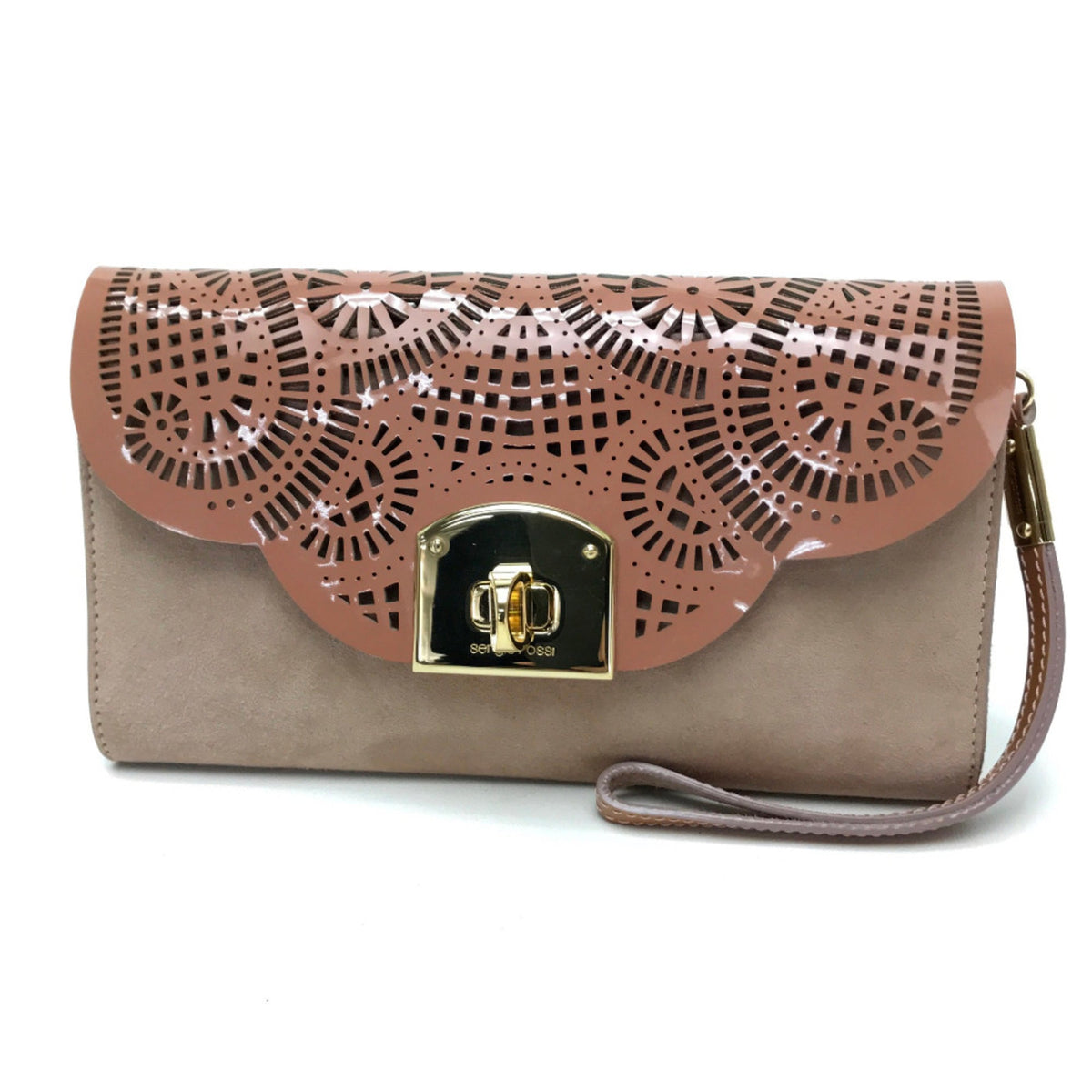 Sergio Rossi Pink Beige Suede Patent Leather Clutch Bag Handbag (Pre-Owned)