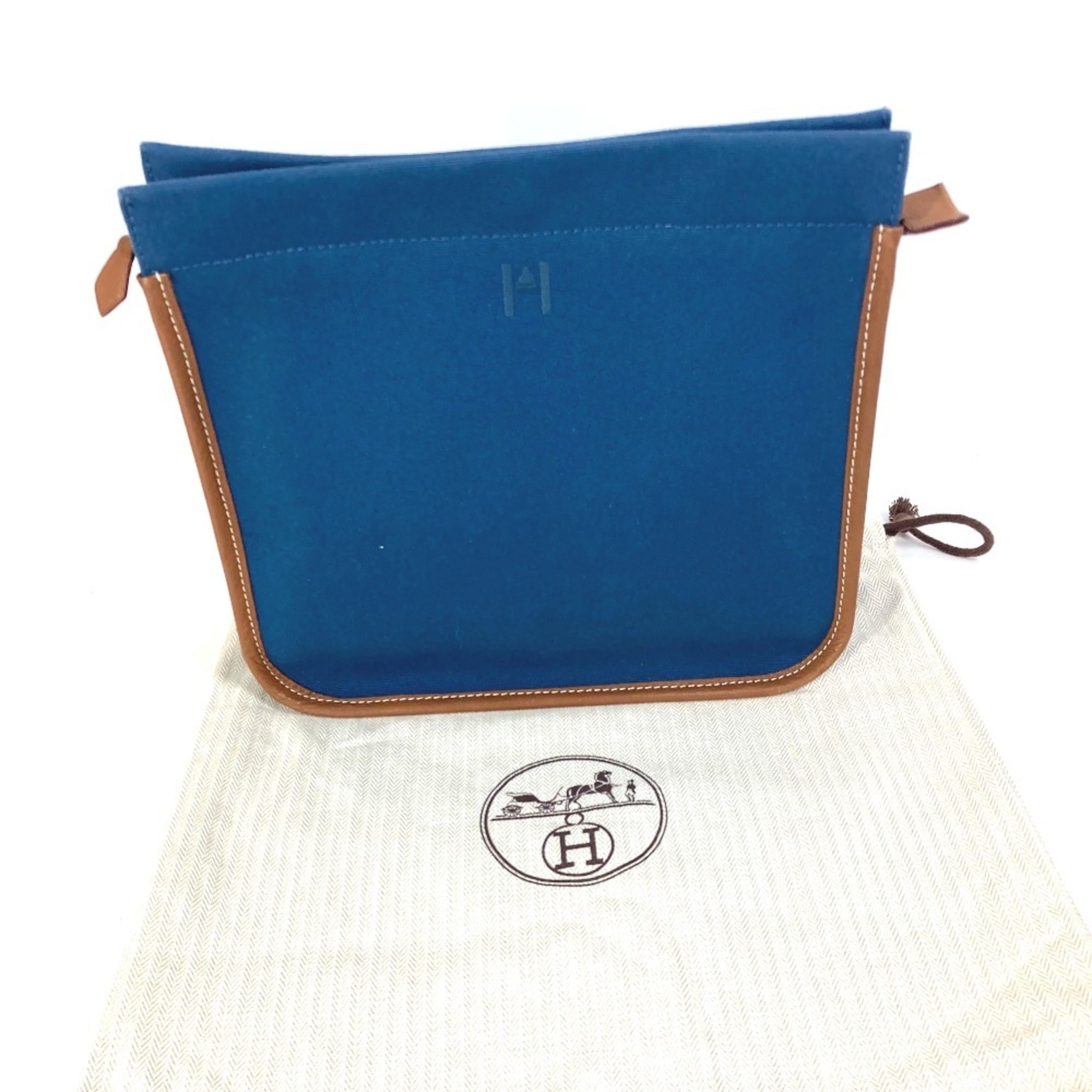 Hermes Brown Navy Canvas Leather Clutch Bag Pouch (Pre-Owned)
