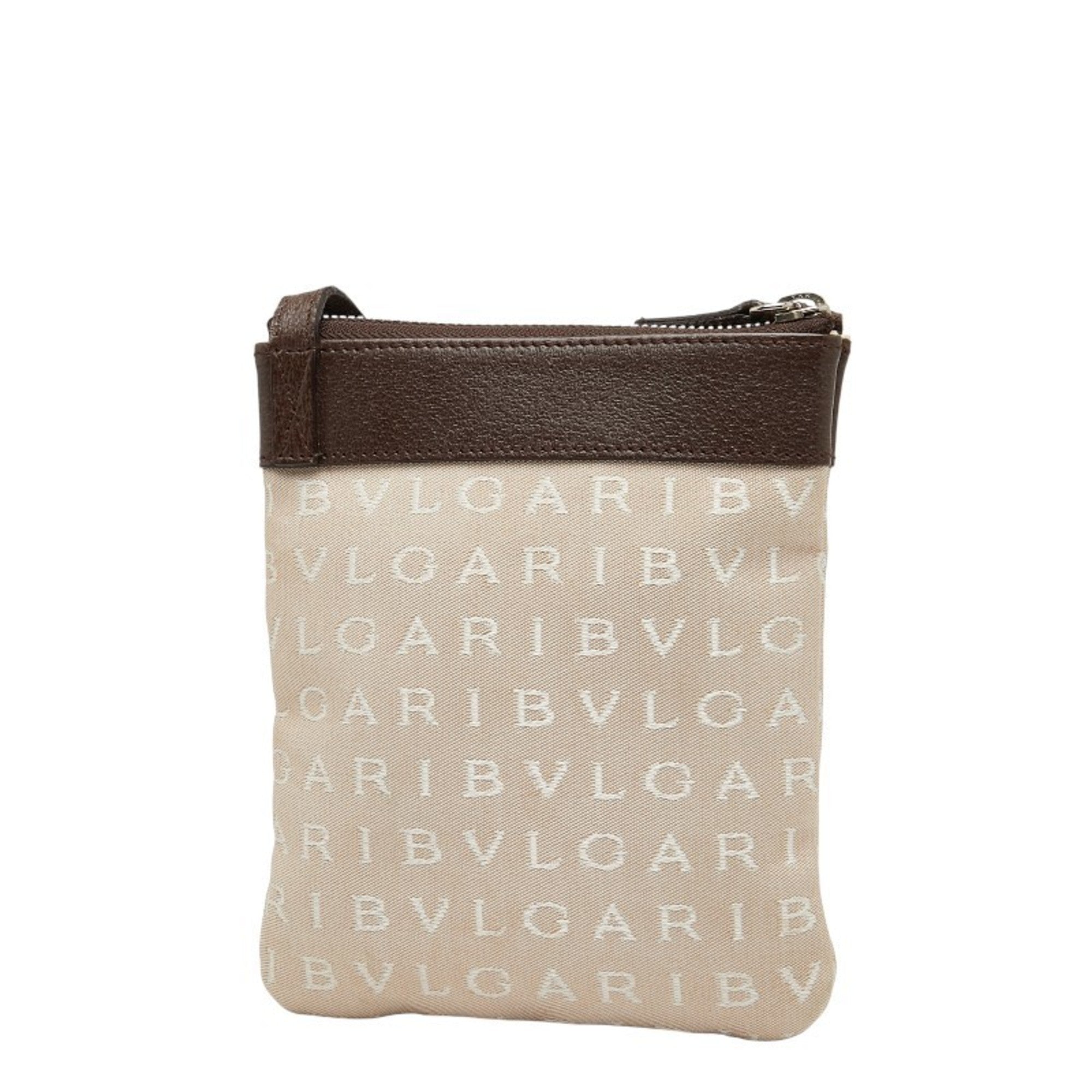 Bvlgari Logomania Beige Brown Canvas Leather Pochette Shoulder Bag (Pre-Owned)