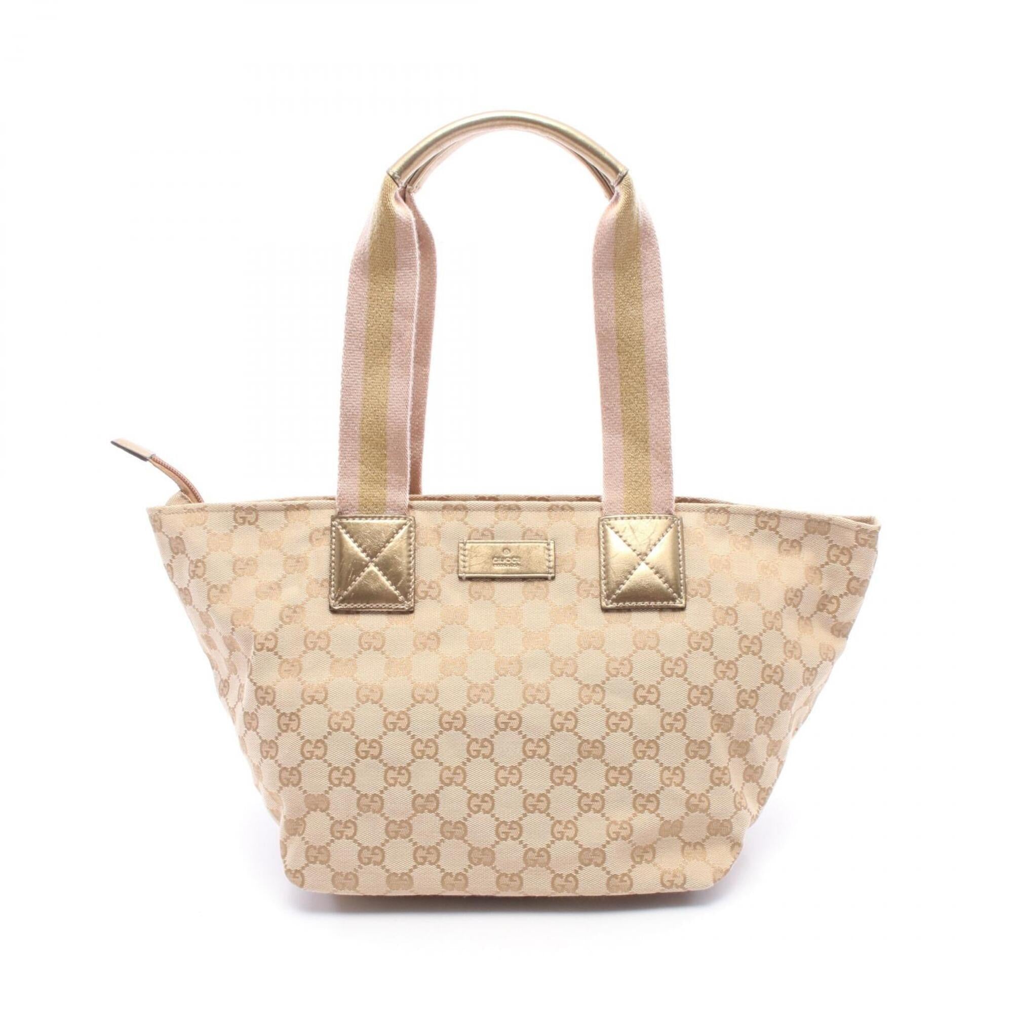 Gucci Beige Gold Pink Canvas Leather Handbag Tote Bag (Pre-Owned)
