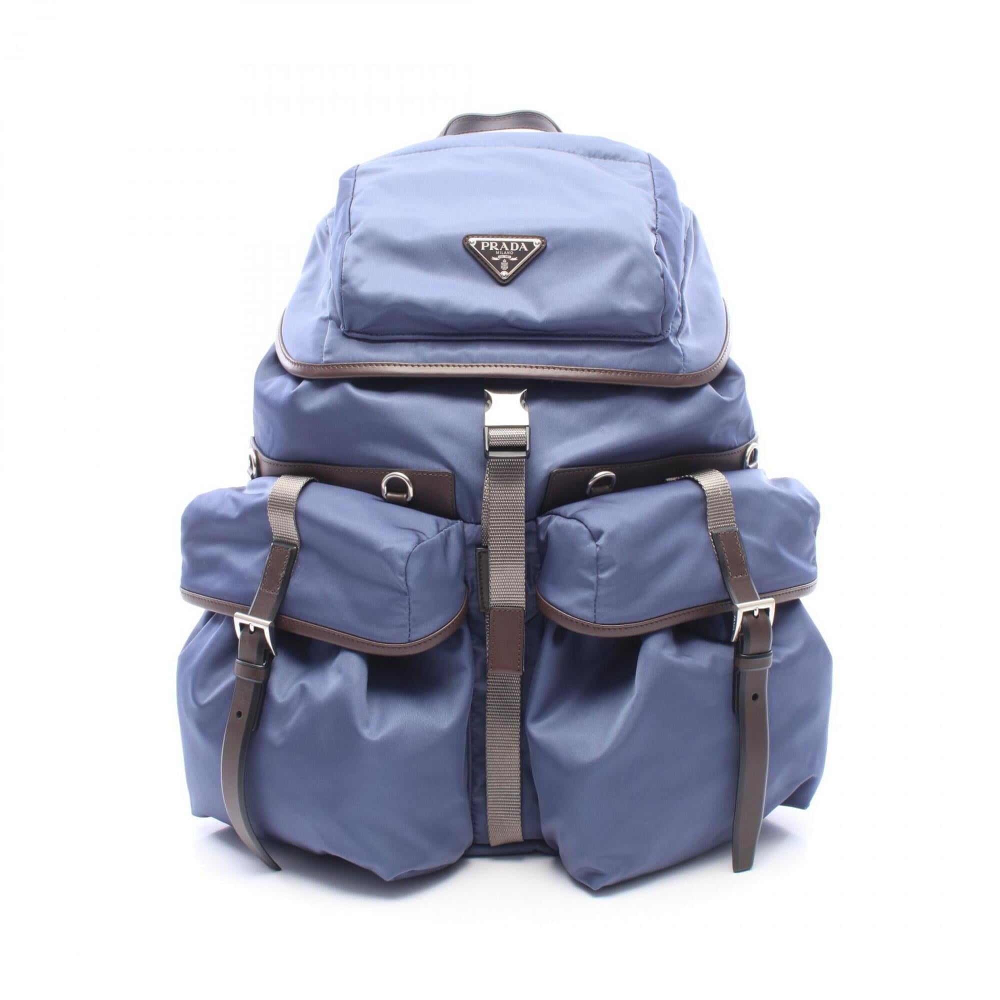 Prada Blue Brown Nylon Leather Backpack Handbag (Pre-Owned)