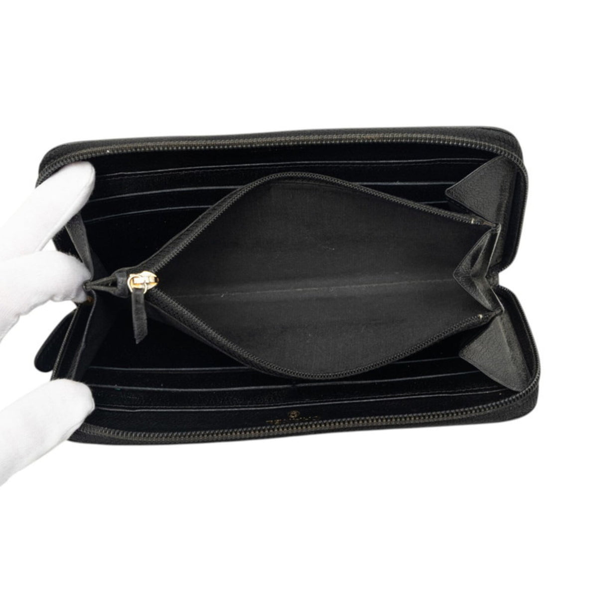 Chanel Gold Black Leather Long Wallet (Bi-Fold) (Pre-Owned)