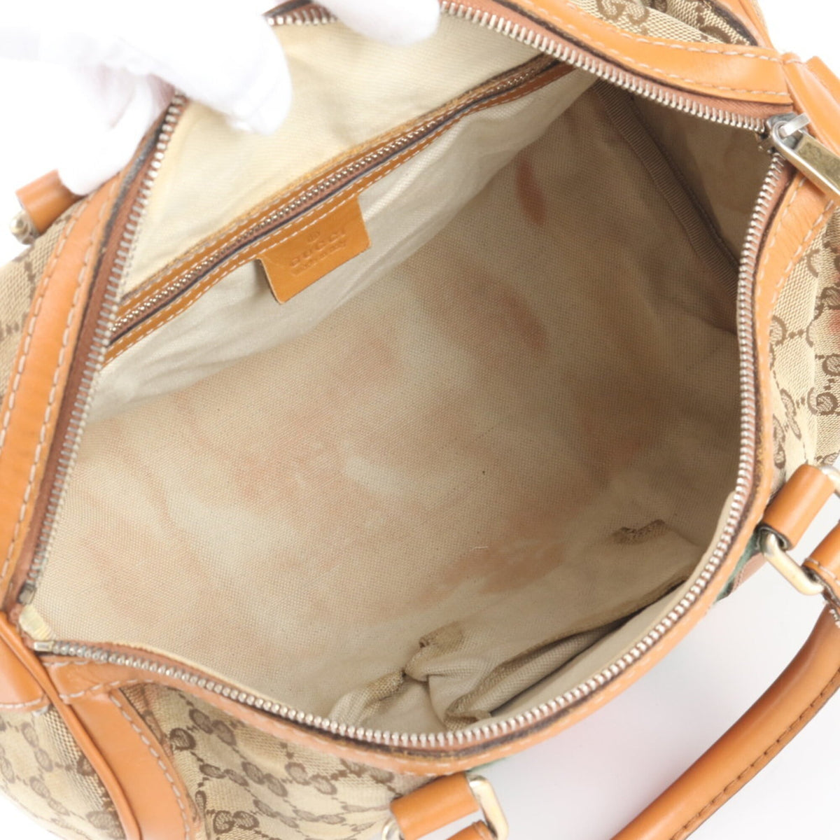 Gucci Brown Leather Canvas Boston Bag Handbag Tote Bag (Pre-Owned)