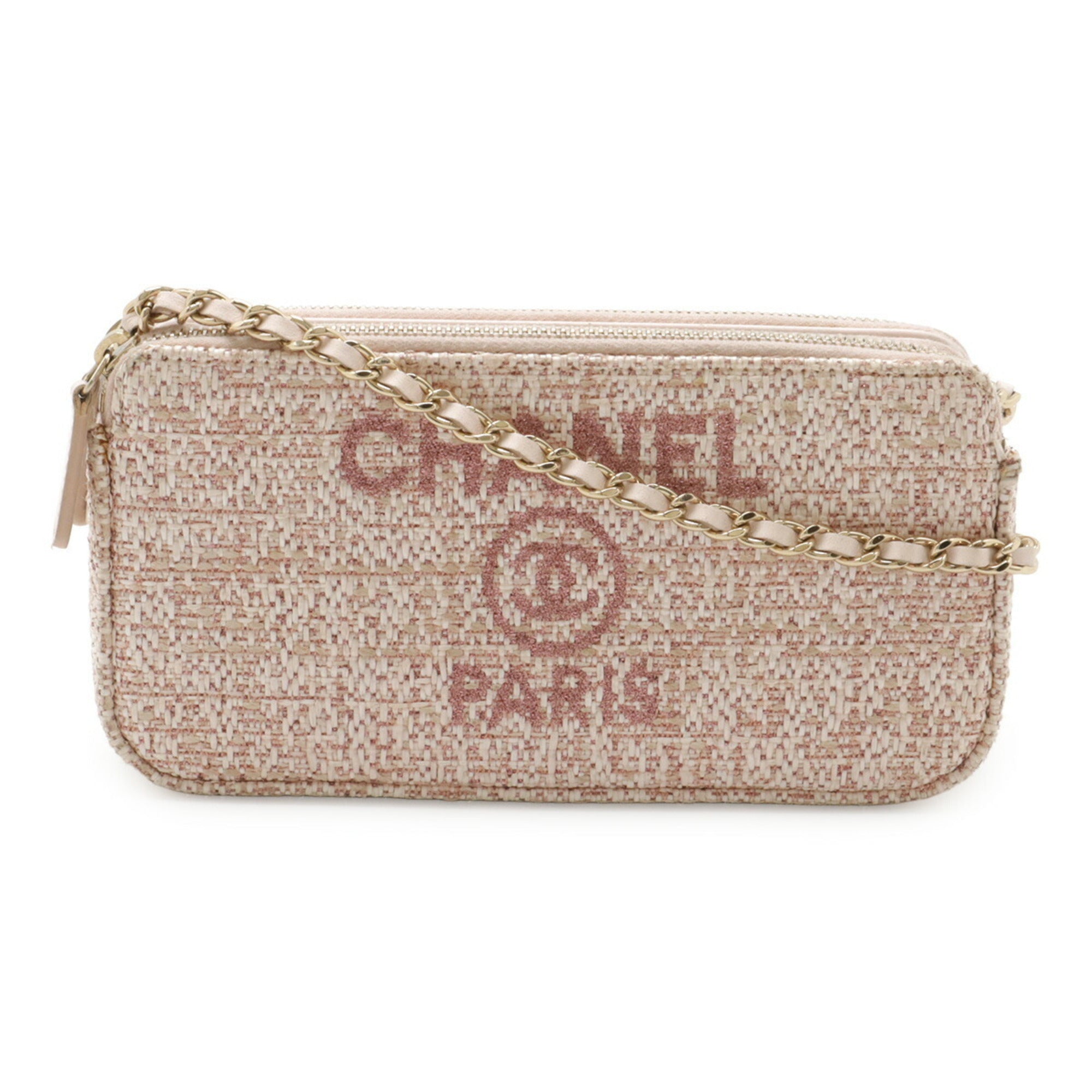 Chanel Pink Leather Raffia Chain/Shoulder Wallet (Pre-Owned)