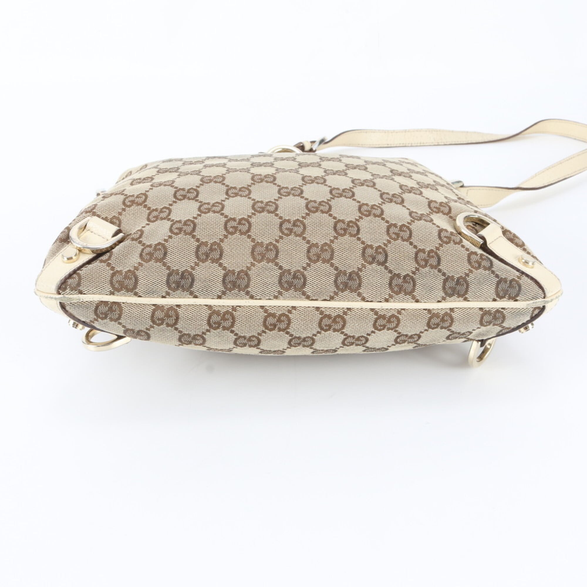 Gucci Beige White Leather Canvas Handbag Shoulder Bag Tote Bag (Pre-Owned)
