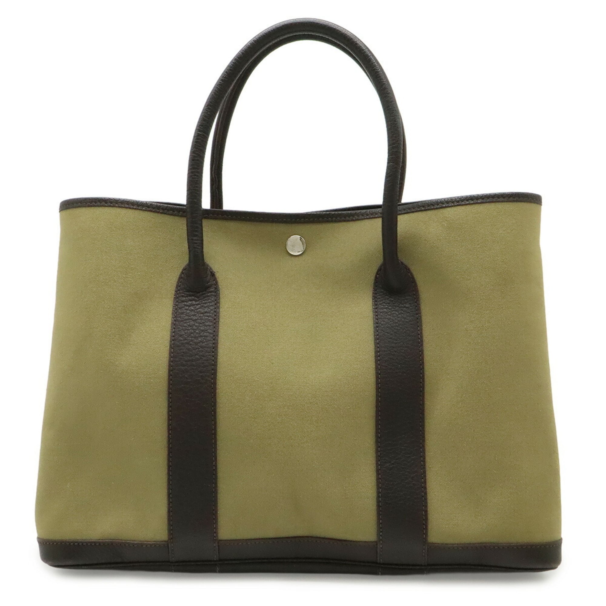 Hermes Garden Dark Brown Khaki Canvas Leather Handbag Tote Bag (Pre-Owned)