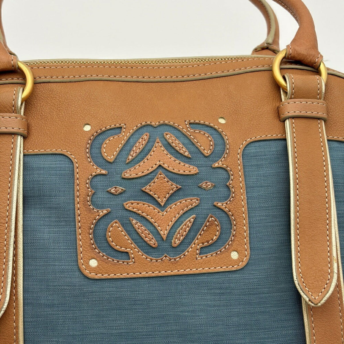 Loewe Beige Blue Nylon Leather Boston Bag Tote Bag (Pre-Owned)