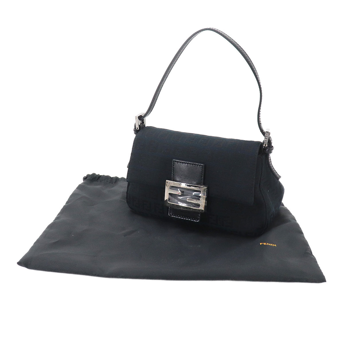 Fendi Zucchino Black Canvas Leather Baguette Bag Handbag Shoulder Bag (Pre-Owned)