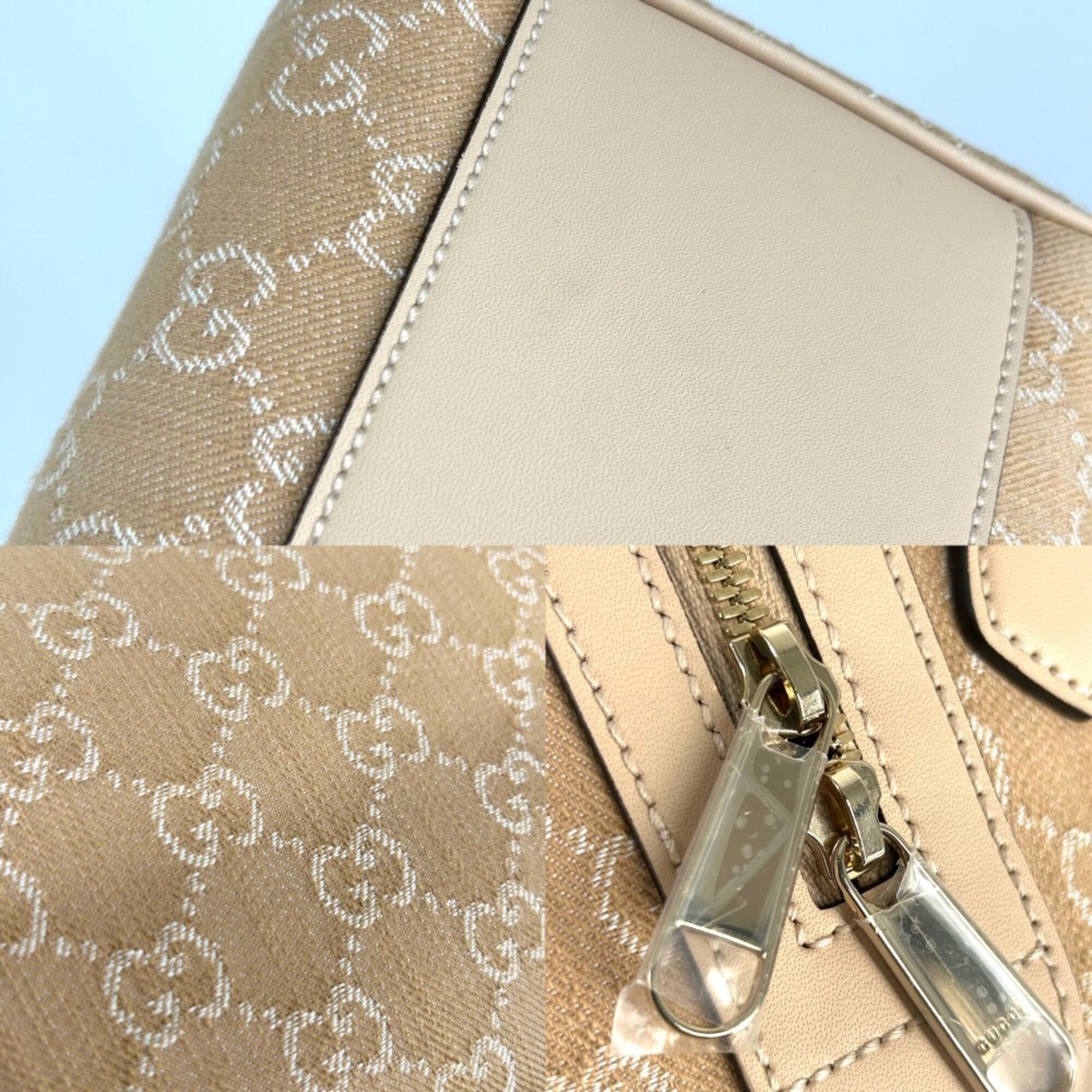 Gucci Beige White Canvas Leather Boston Bag Shoulder Bag (Pre-Owned)