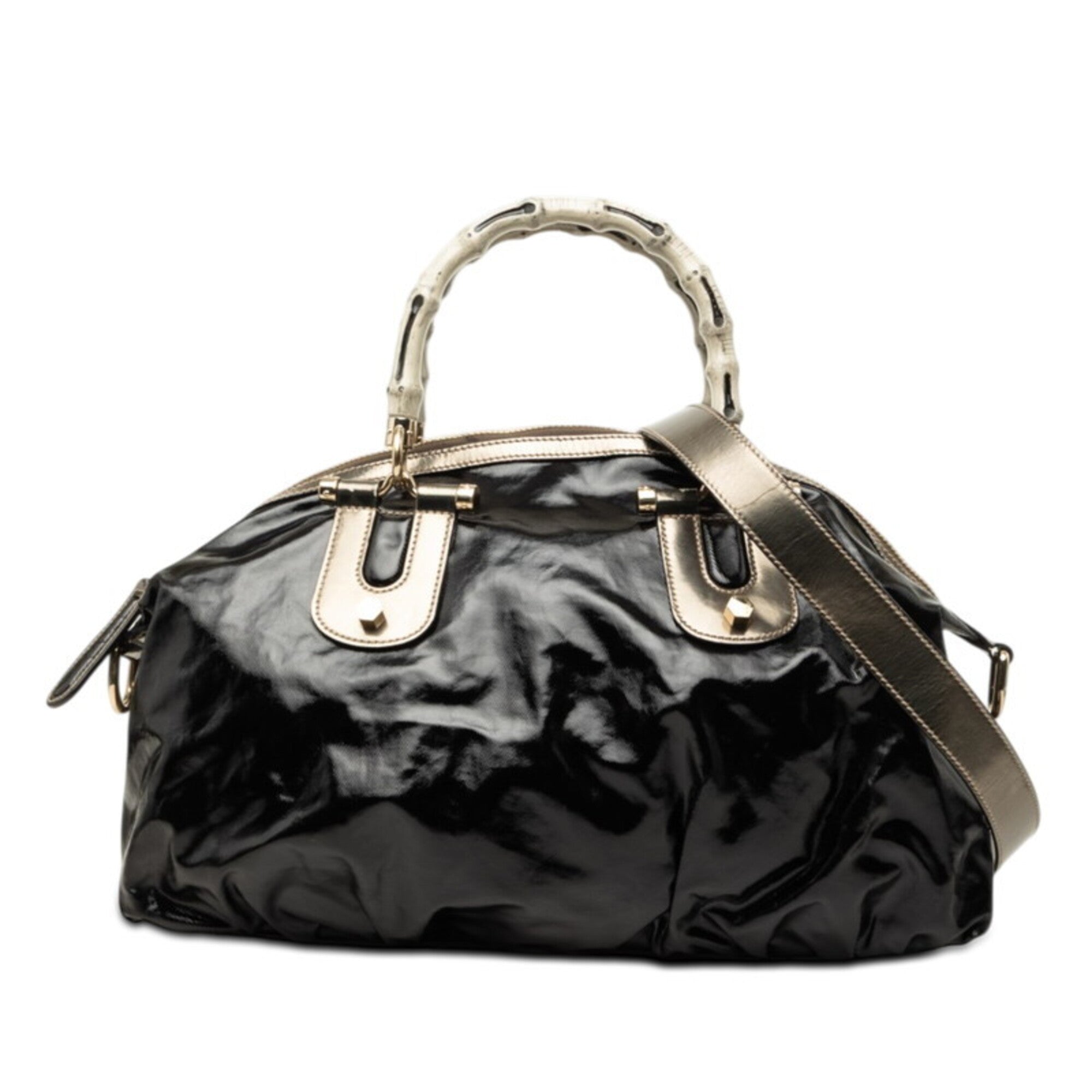 Gucci Bamboo Black Patent Leather Coated Canvas Handbag Shoulder Bag (Pre-Owned)