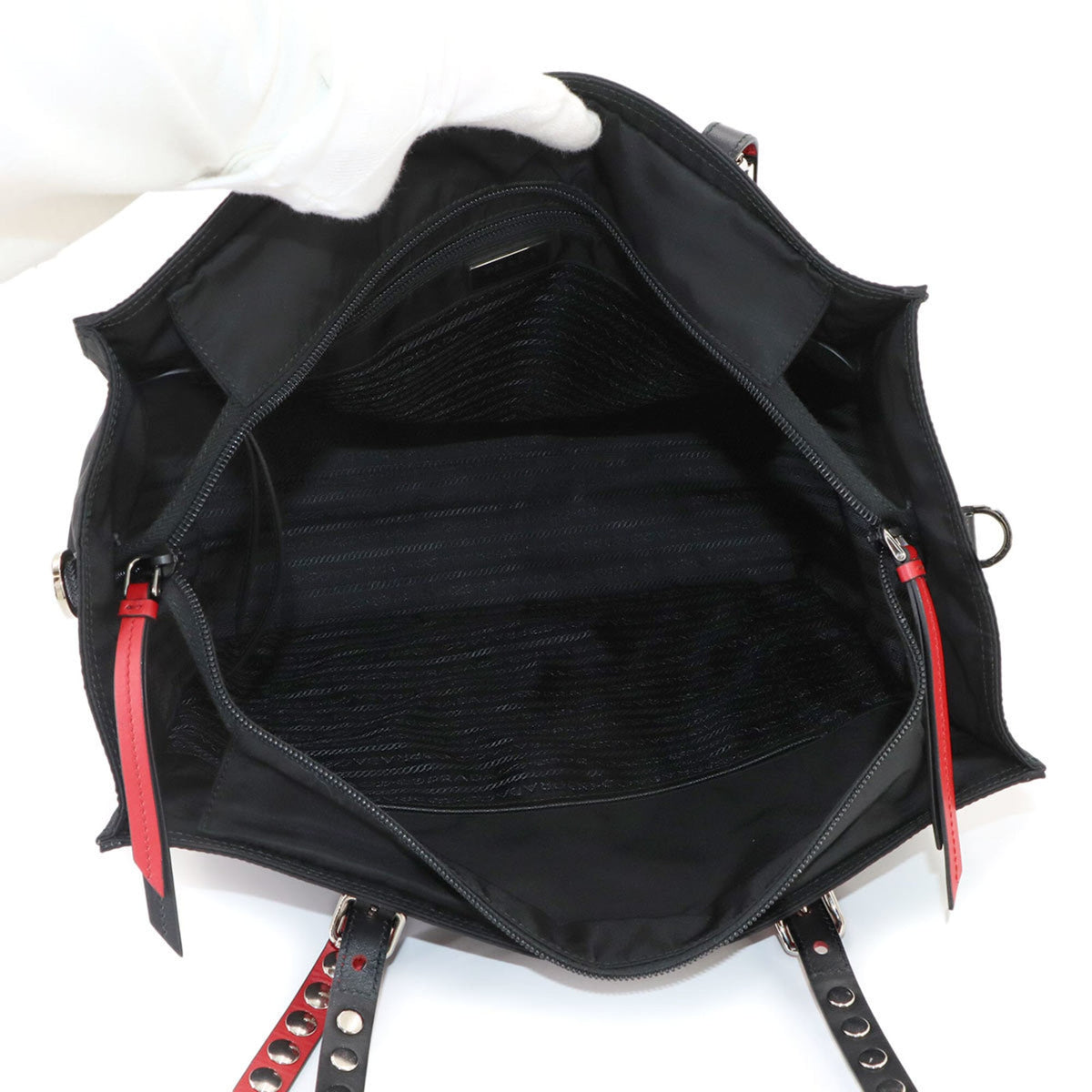 Prada Black Red Color Nylon Saffiano Handbag Shoulder Bag Tote Bag (Pre-Owned)
