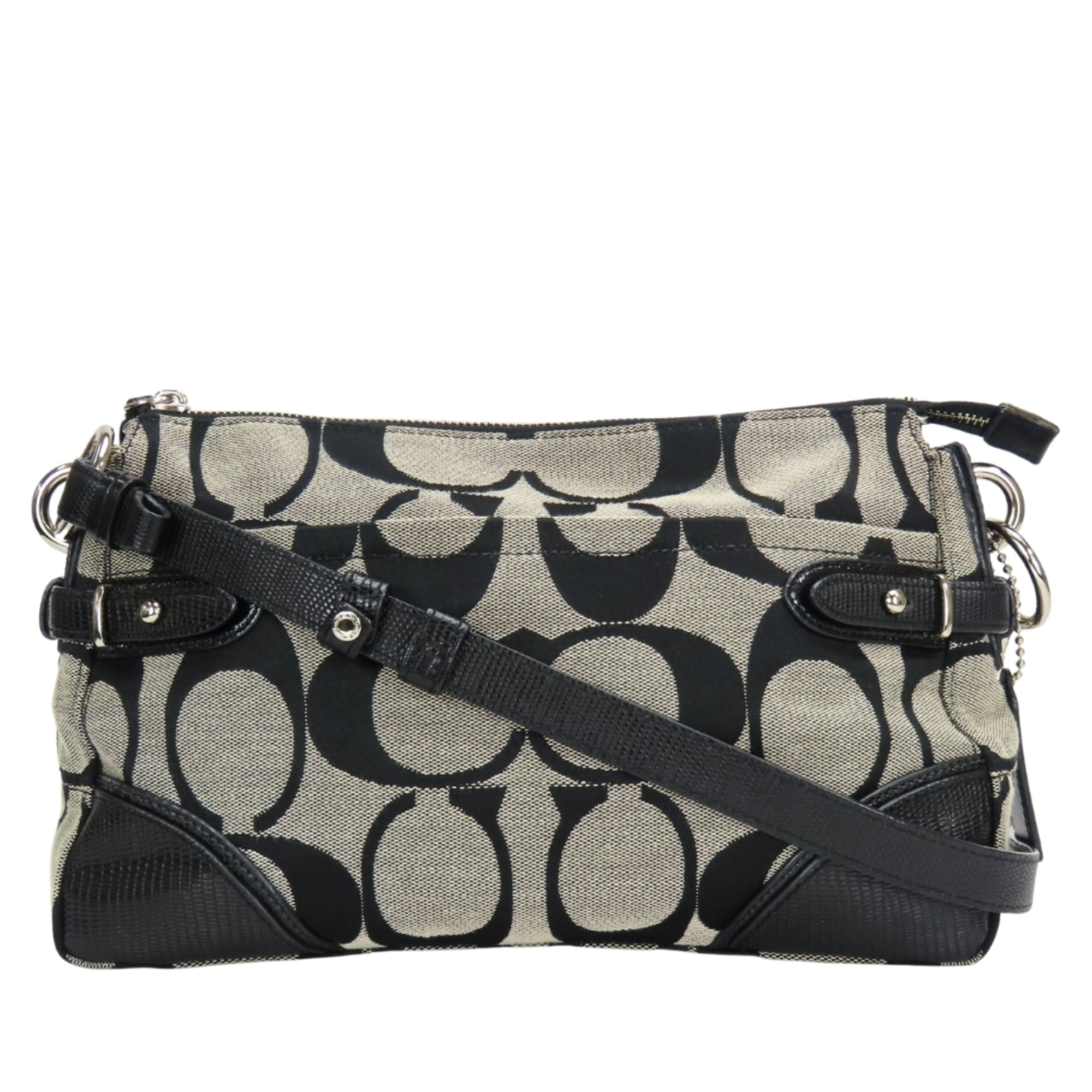 Coach Signature Black Gray Canvas Leather Shoulder Bag (Pre-Owned)